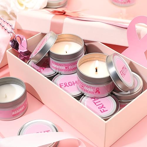 Miniatura 5 de MTLEE 12 velas para el cáncer de mama, regalos para mujeres sobre el cáncer de mama, velas de cinta con palabras, velas de soja para eventos,