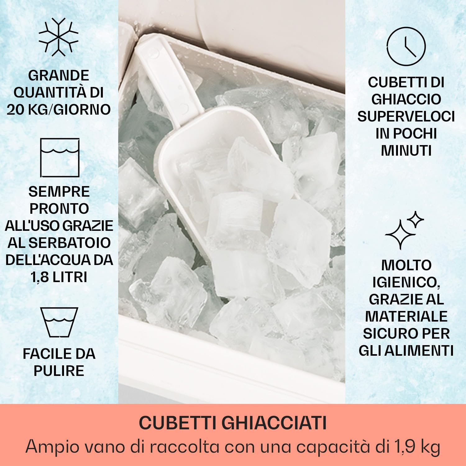 Klarstein Macchina Ghiaccio 3L, Macchina del Ghiaccio Professionale, Fabbricatore Secco Alimentare fino a 20kg, a Cubetti e Tritato, Casa per Cocktail Autopulente