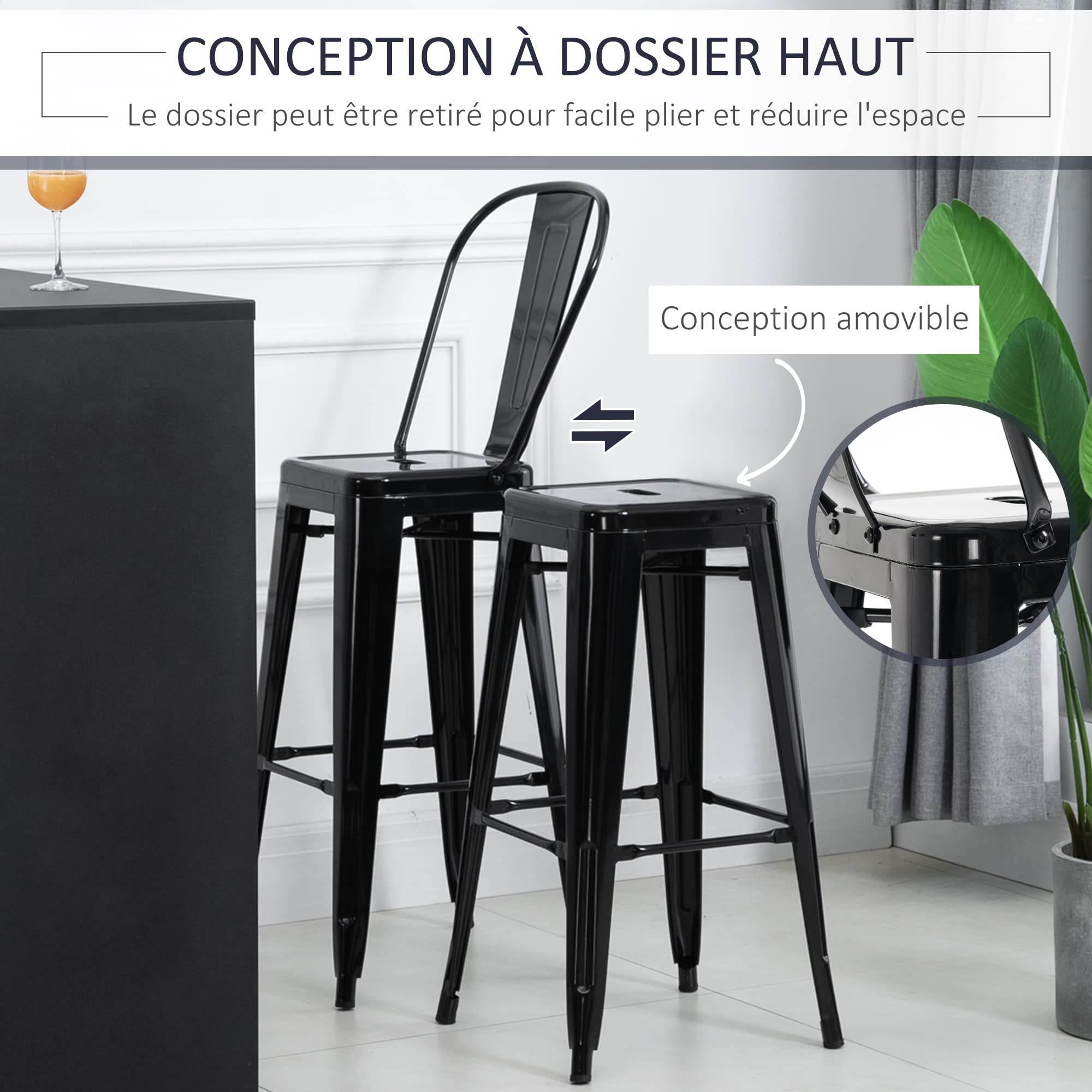 HOMCOM Lot de 4 tabourets de Bar Empilable Chaise de Bar Industriel avec Dossier Repose-Pied Hauteur d'Assise 76 cm métal Noir