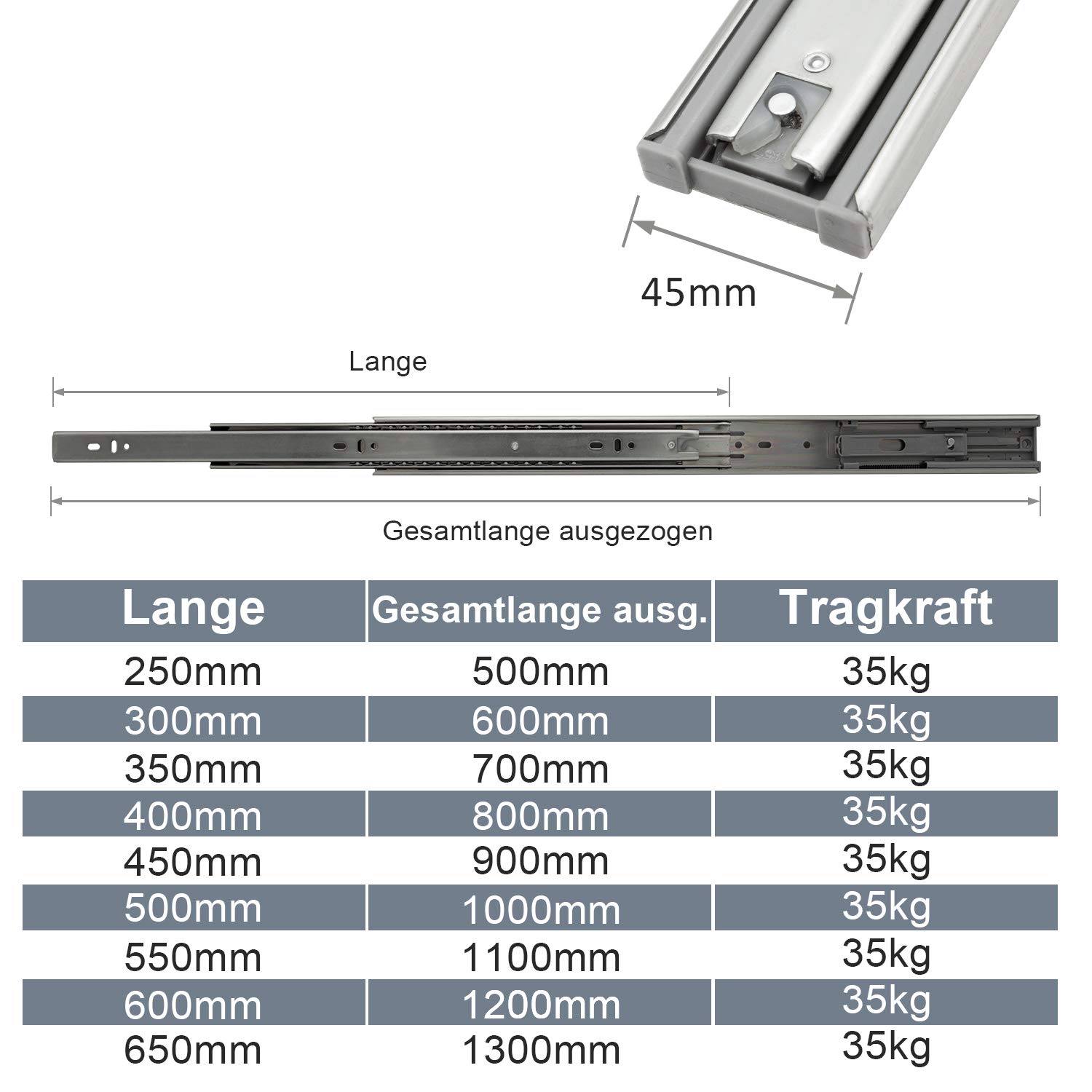 Szyny do szuflad 350 mm pełne prowadnice szuflad z łożyskami kulkowymi, 6 sztuk (3 pary), nośność 35 kg, szyna teleskopowa, system szynowy