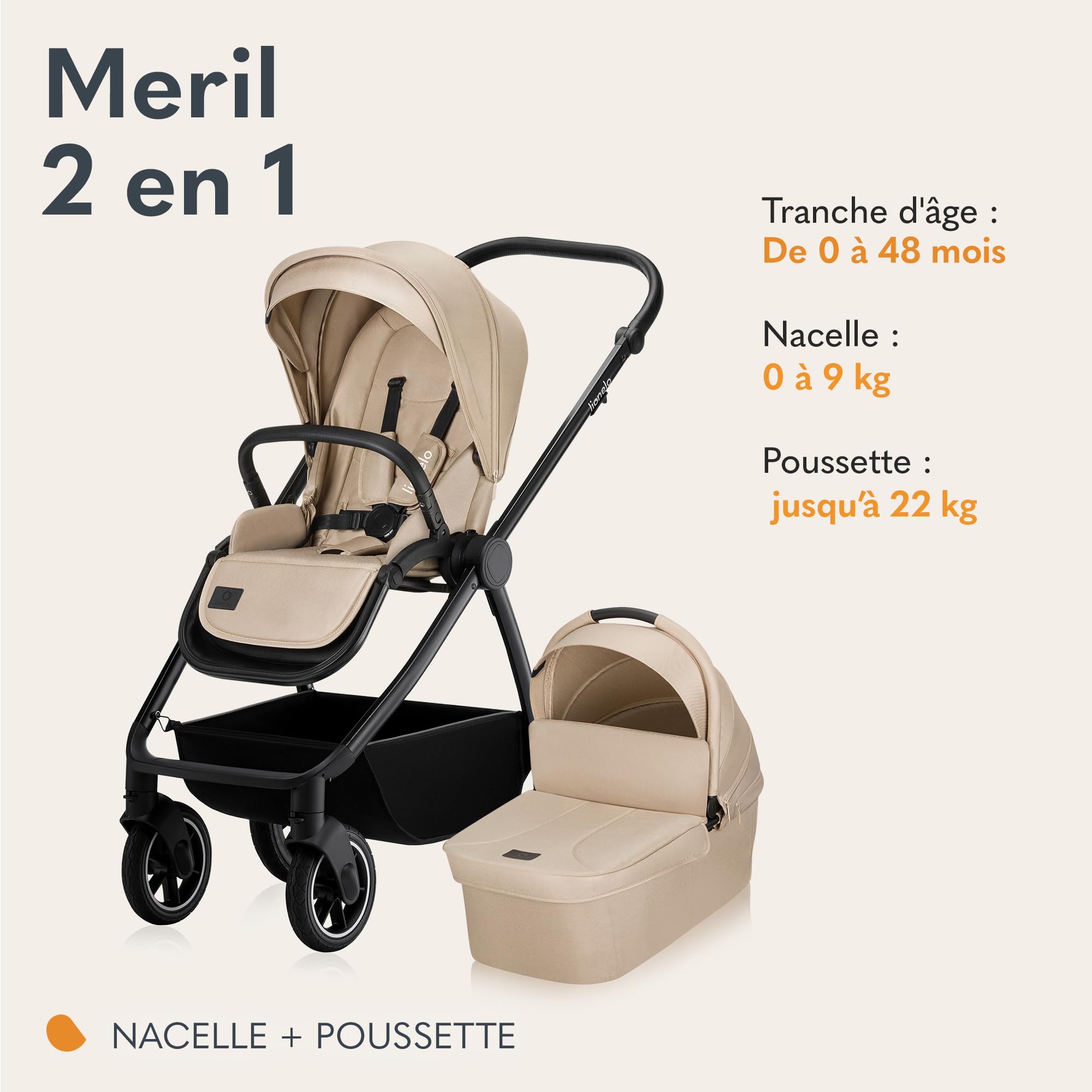 LIONELO MERIL 2 en 1 Poussette Bébé 0 à 48 Mois Jusqu'à 22 kg, Nacelle XXL Jusqu'à 9 kg, Grandes Roues Tout-terrain 360 °, Siège Inclinable Position Allongée Amortissement Complet Auvent XXL (Beige)