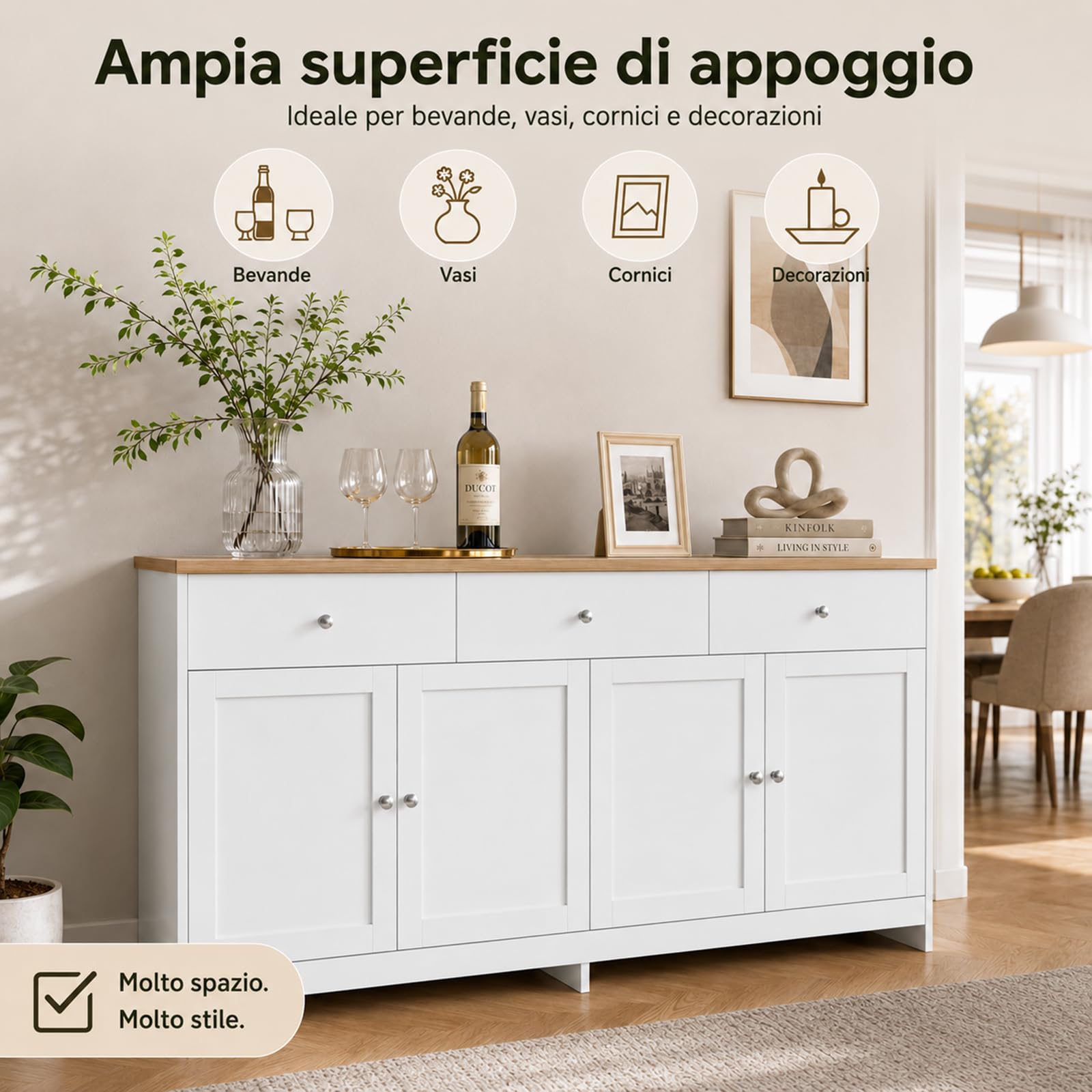 Credenza Cucina 160 cm Madia Soggiorno Moderna con 3 Cassetti e 4 Ante, Buffet Mobile con Ripiani Regolabili e Rimovibili per Cucina, Soggiorno, Ingresso, 160 x 37 x 75 cm, Bianco e Legno