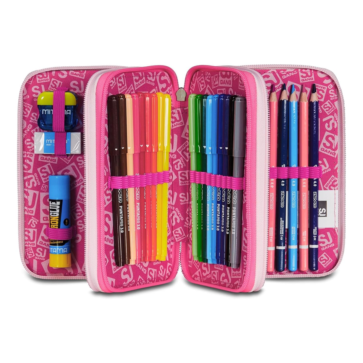 SJ GANG STYLE JAM GANG Astuccio Scuola 3 Zip, Rosa, PinkHugs, Portapenne Triplo Scomparto Completo Di Penne, Matite, Colori, Accessori Zaino, Elementari, Medie, Bambina