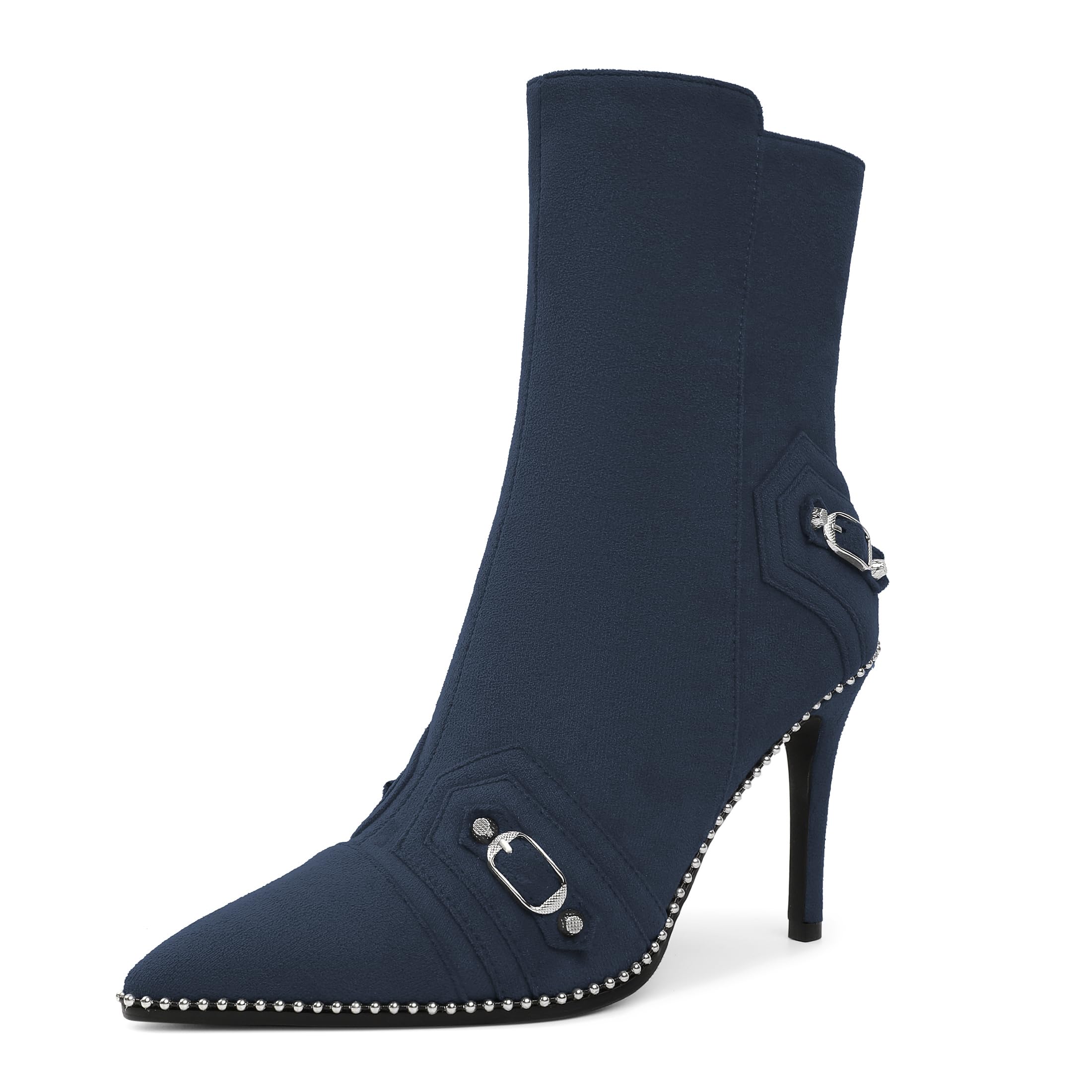 AUMOTED Pointed Toe Side Zipper Stiletto High Heel Buckle Ankle Boots for Women Sexy Mid Calf Booties 3