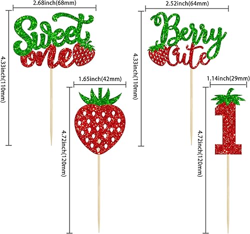 Miniatura 2 de 24 piezas Sweet One Cupcake Toppers con purpurina para primer cumpleaños de fresas para cupcakes de frutas, baby shower, primer cumpleaños,