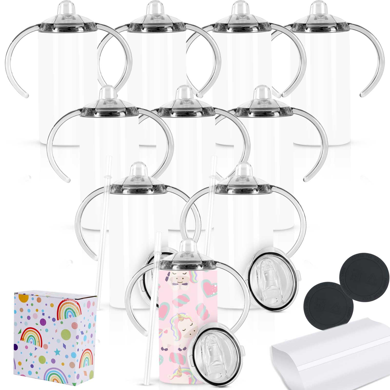 Wzaytia 12 Oz Sublimation Sippy Cup 10 Pack, Kids Sublimation Sippy Tumblers, Stainless Steel Todder Water Bottle