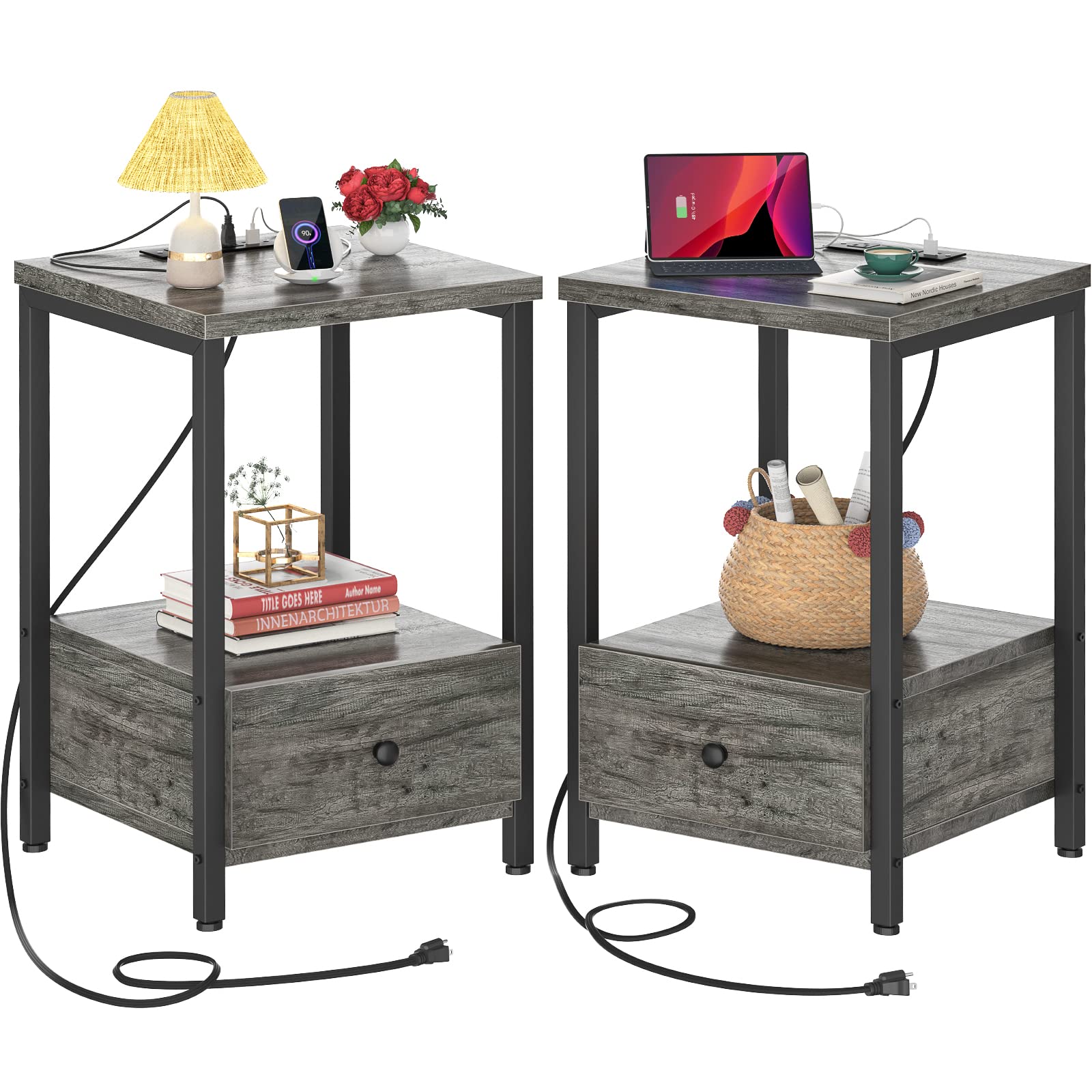 Buy Ecoprsio Nightstands Set of 2 with Charging Station, Modern Nightstand Bedside Table with