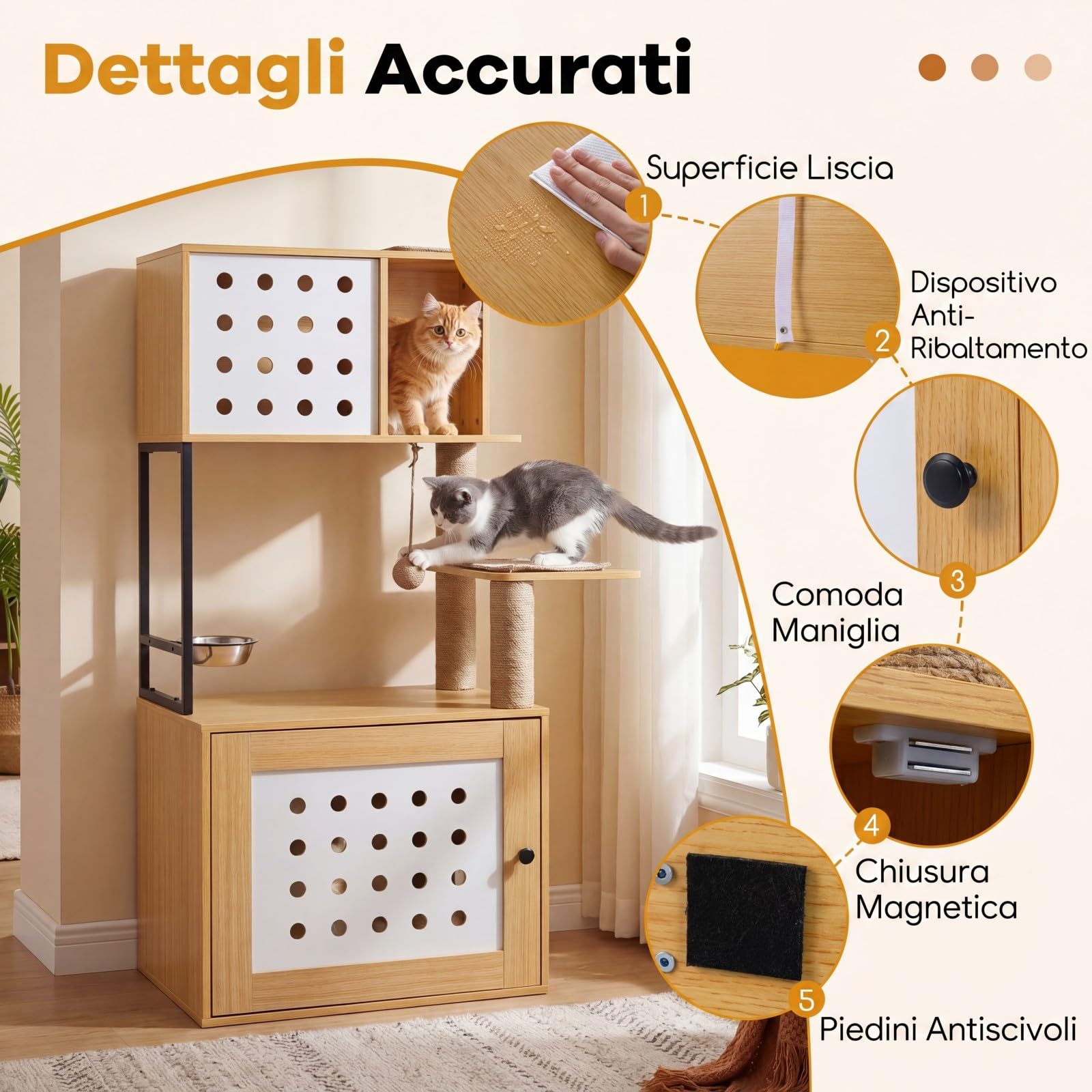 COSTWAY Mobile Lettiera Gatti Multilivello, Albero Tiragraffi per Toilette Nascosta in Legno, con Ciotola, Cuccia, Piattaforme di Attività, Tiragraffi e Giocattoli, 73 x 43 x 117,5 cm (Naturale)