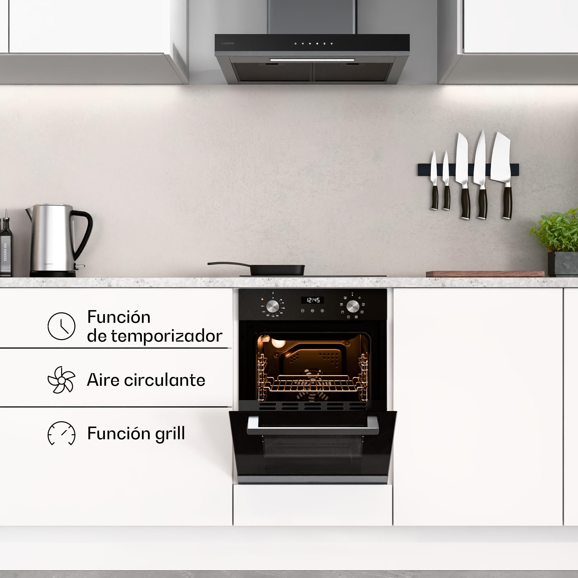 Klarstein Verosteel Horno Eléctrico Empotrable 45 cm - 49L, 8 Modos, Clase A, Acero Inoxidable & Cristal Negro, Fácil Limpieza, Temporizador, Horno Integrable Compacto