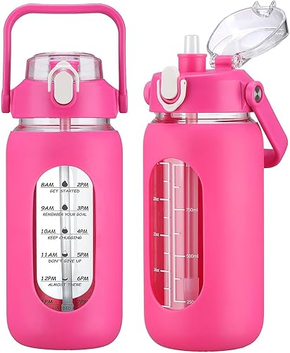 Miniatura 22 de kytffu Botellas de agua de vidrio de 64 onzas con popote, botella de vidrio motivacional de medio galón con funda de silicona y marcador de tiempo