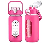 kytffu 42oz Glass Water Bottles with Straw, Motivational Glass Bottle with Silicone Sleeve and Time Marker, Leakproof Large Glass Water Jug for Gym Home Office,Rose red