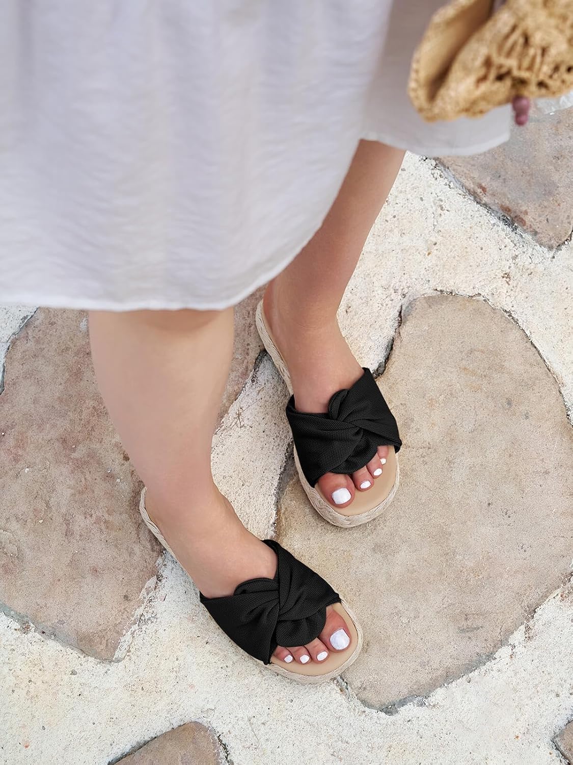 Coutgo Womens Platform Espadrilles Sandals Bow Twist Open Toe Slip On Slides Summer Beach Shoes