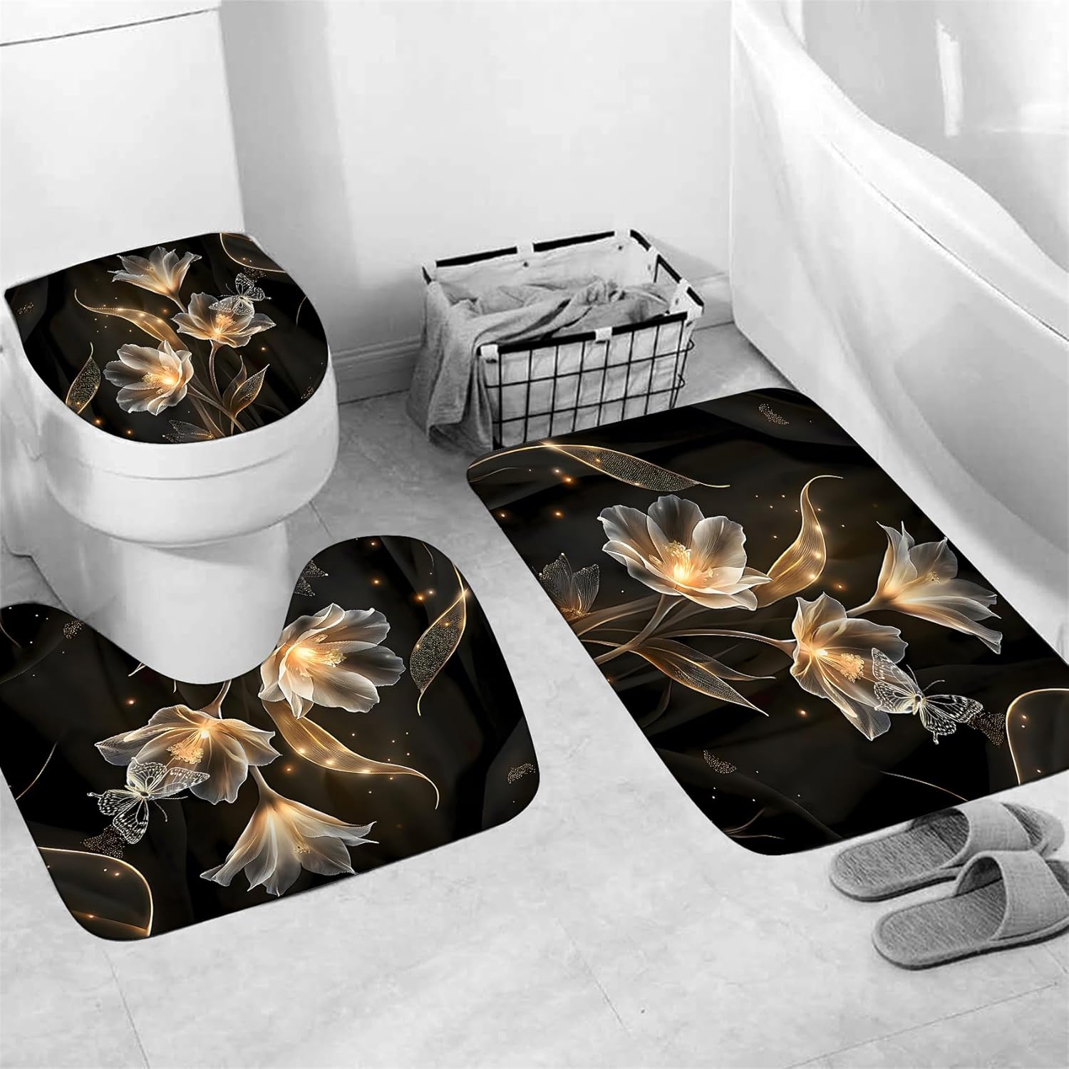 AZHM Floral Butterfly Pattern Shower Curtain for Bathroom 4 PCS Bathroom Decor Sets with Shower Curtain and Rugs and Accessories with 12 Hooks