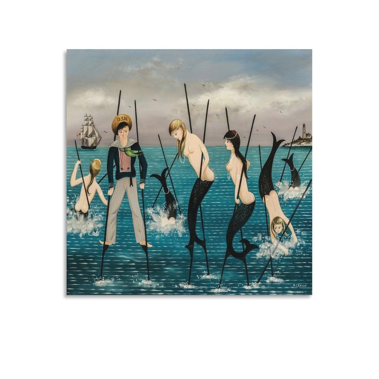 KLAGCBDF Ralph Cahoon Sailor And Mermaids on Stilts Artworks Picture Print Poster Wall Art Painting Canvas Decor Home Posters 28x28inch(70x70cm)