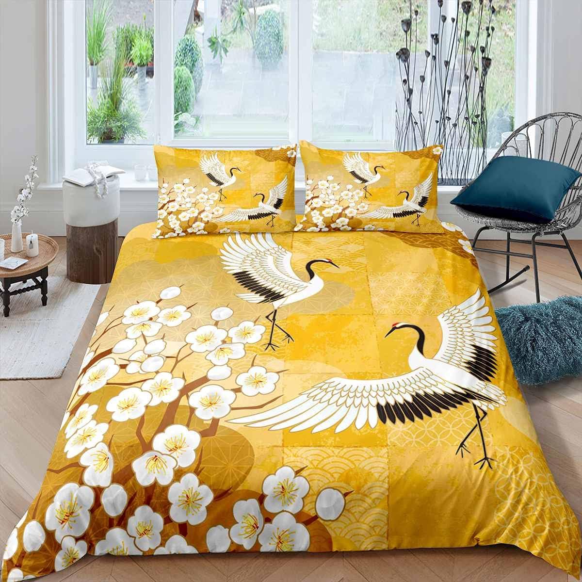 Feelyou Japanese Ukiyoe Them Bedding Set for Girls Boys Children Floral Print Comforter Cover Hokusai Pattern Duvet Cover Japanese-Style Bedspread Cover Yellow Full Size 3Pcs Bedclothes