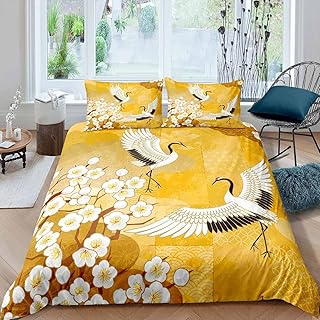 Feelyou Japanese Ukiyoe Them Bedding Set for Girls Boys Children Floral Print Comforter Cover Hokusai Pattern Duvet Cover Japanese-Style Bedspread Cover Yellow Twin Size 2Pcs Bedclothes