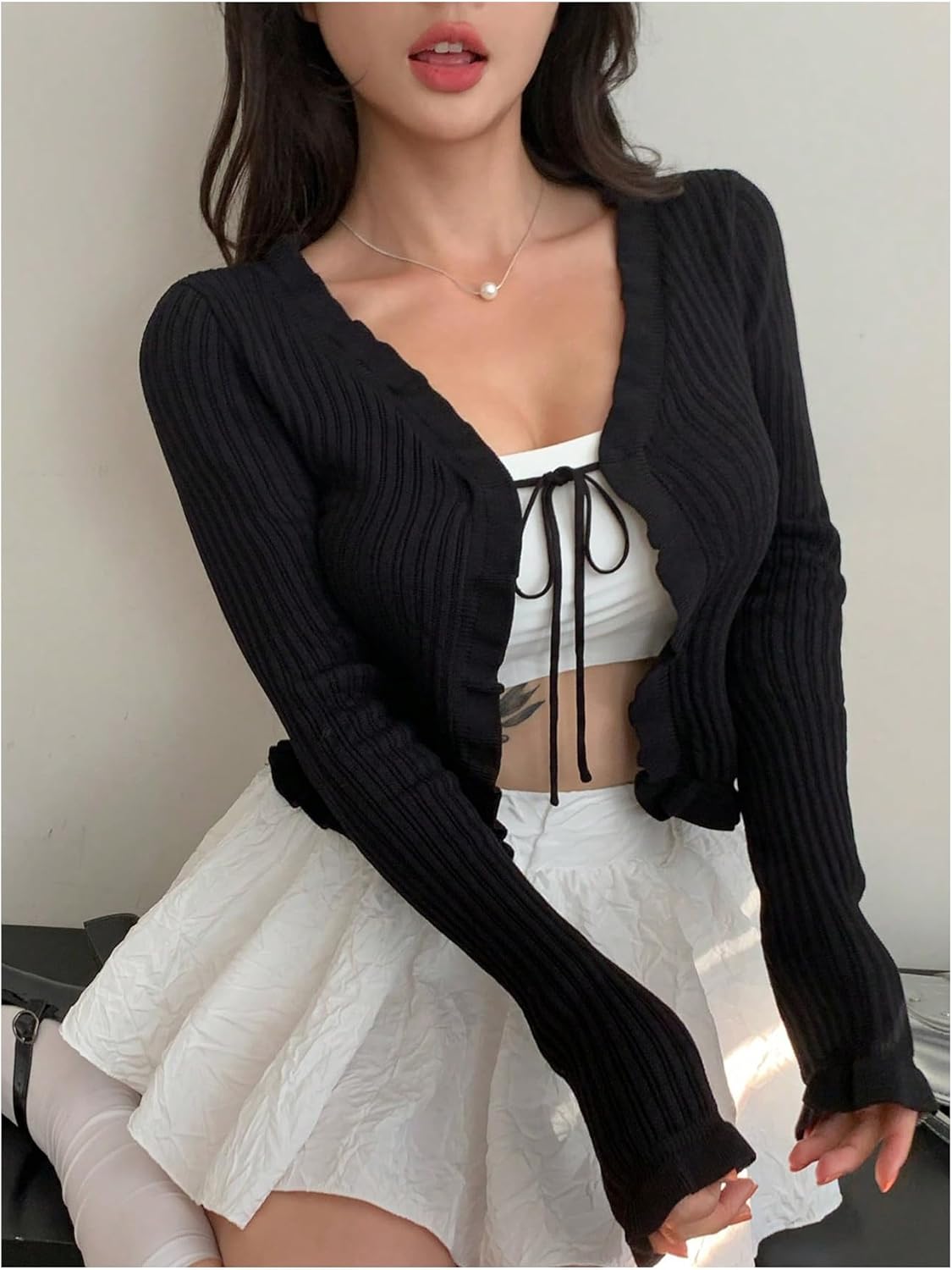 Women's Ribbed Knit Tie Front Cardigan Long Sleeve Fitted Crop Sweaters Knitwear - Image 5