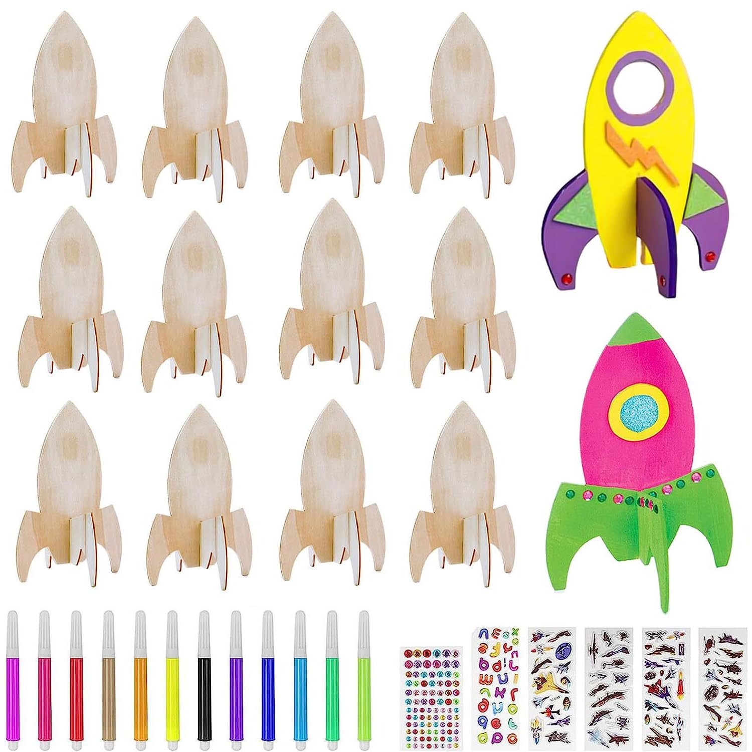 Lot 231 Pièces Kit Bricolage Fusées En Bois - 15 Fusées + Strass + Crayons + Autocollants Pour Enfants
