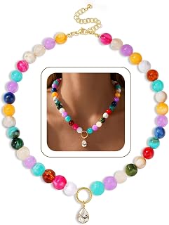 Turandoss Colorful Beaded Necklace for Women, CZ Pendant Choker Jewelry | Chunky Boho Beaded Necklace, Teardrop CZ Pendant, Statement Jewelry, Summer Beach Vacation Necklace, Trendy Gift for Women