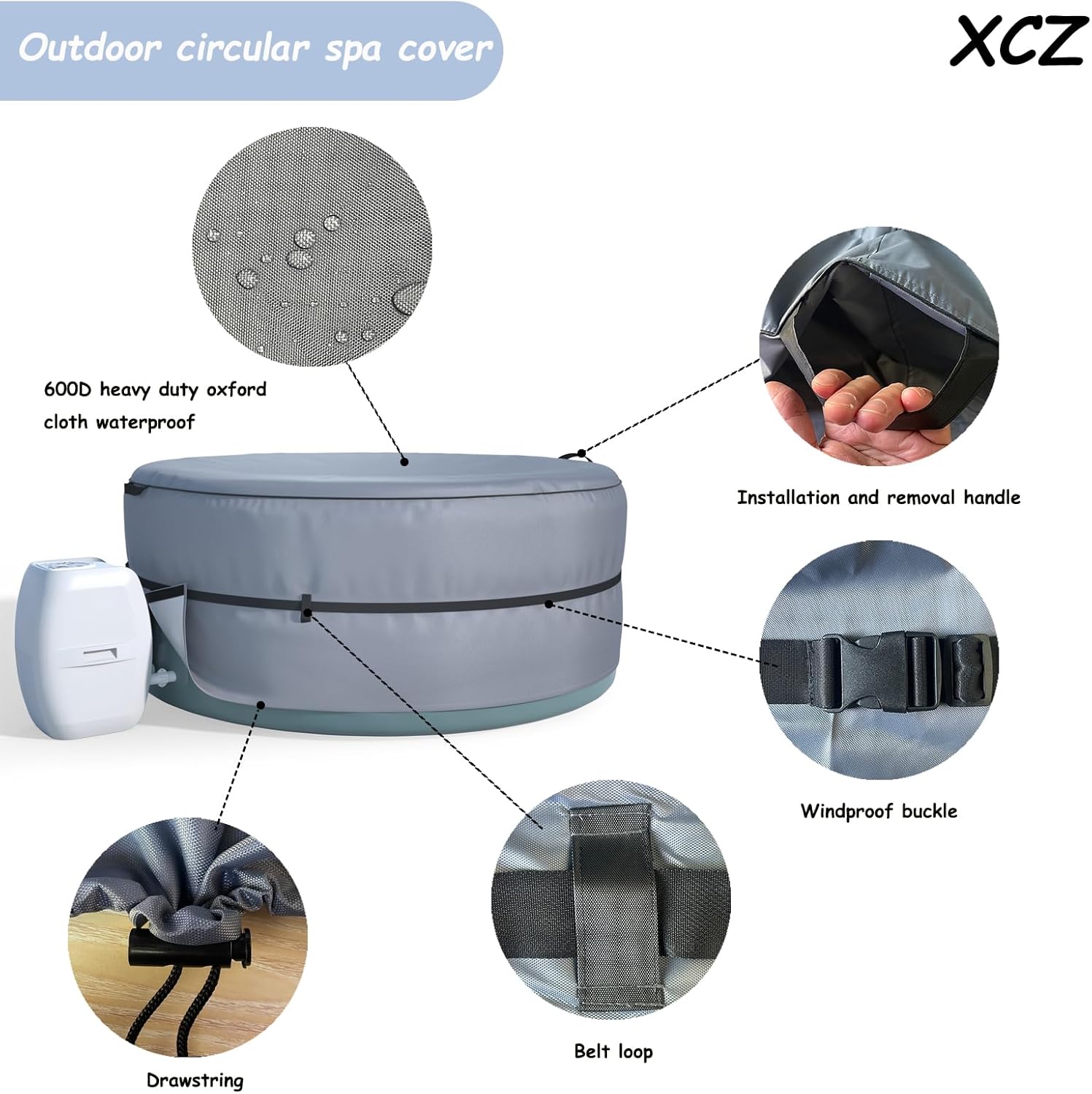 XCZ Hot tub Cover, Full Cover, Suitable for 71in Inflatable hot tub or Equivalent Size spa, Round, Gray (Cover only)