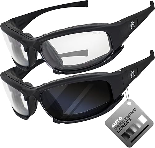 Alpha Omega AO3 - Gafas de sol de motocicleta acolchadas de espuma Z87.1 convertibles para hombres o mujeres, 2 pares de montura negra con lentes