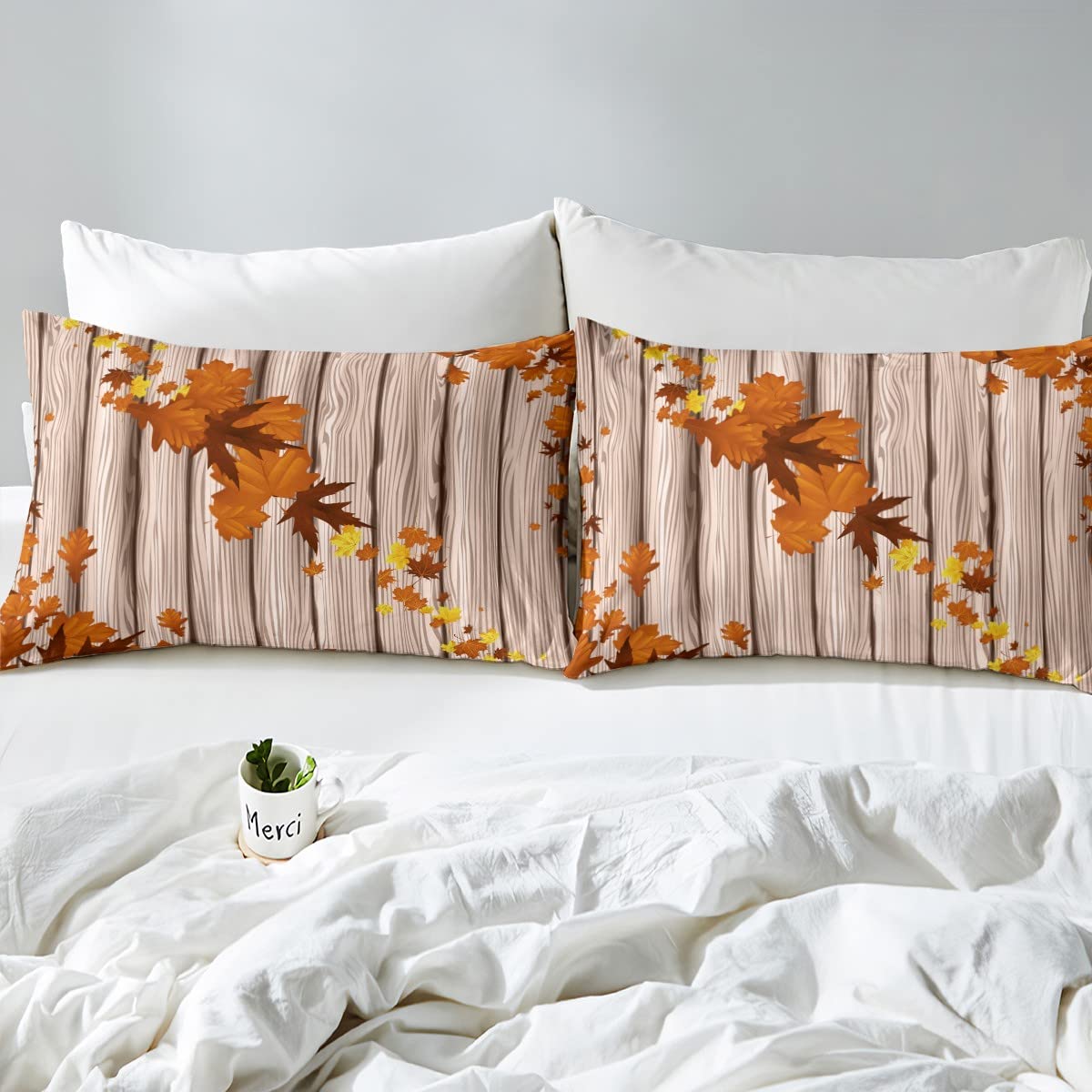 Set di biancheria da letto autunnale con foglie d'acero, motivo felice, per bambini, ragazzi, ragazze, ragazzi, rustico, in legno, traspirante, arancione bruciato, con foglie diagonali