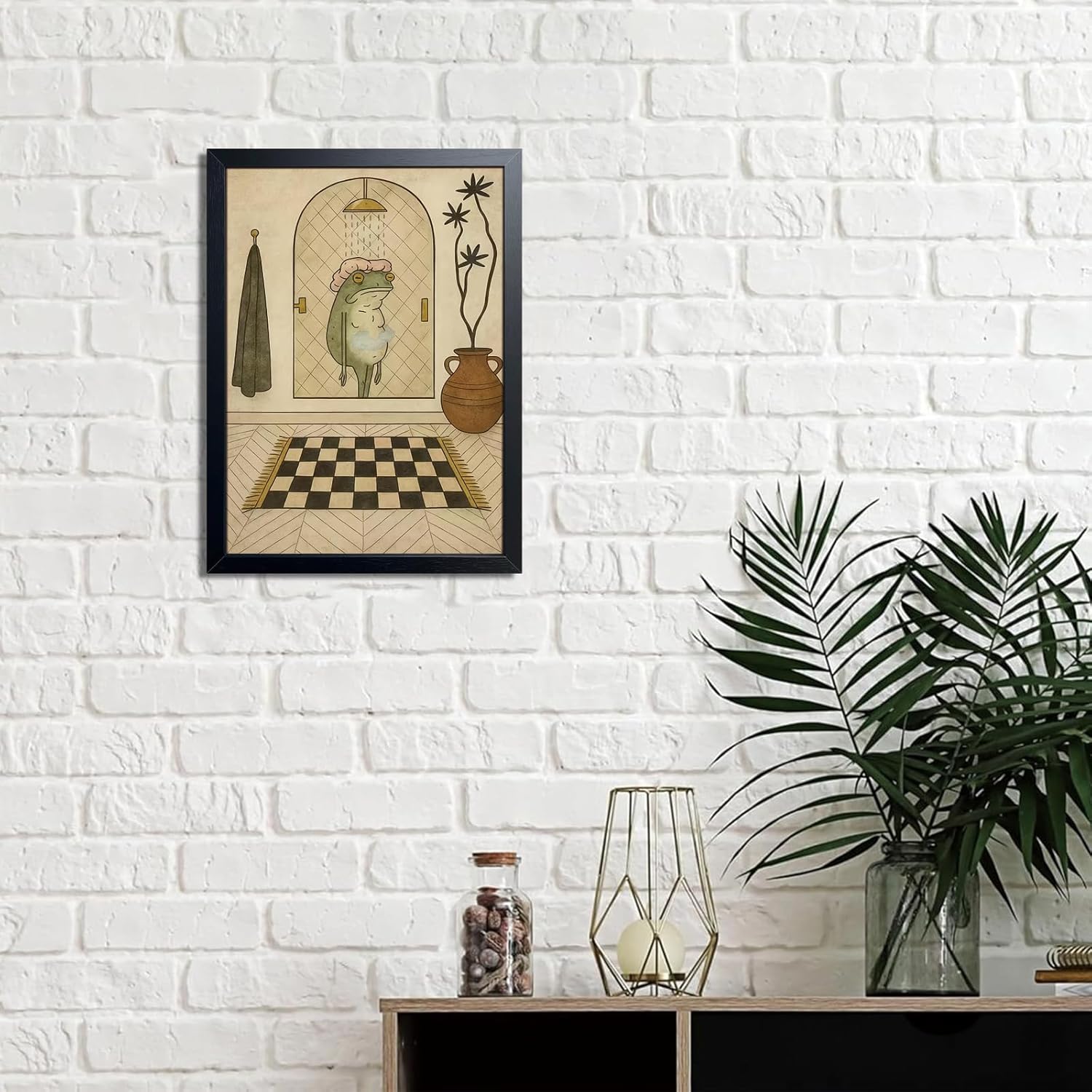 Funny Frog Bathroom Wall Art, Cute Frog Picture Wall Decor, Bathroom Animal Canvas Print Painting for Home Dorm Apartment Toilet Decor 16x24 Inch Framed