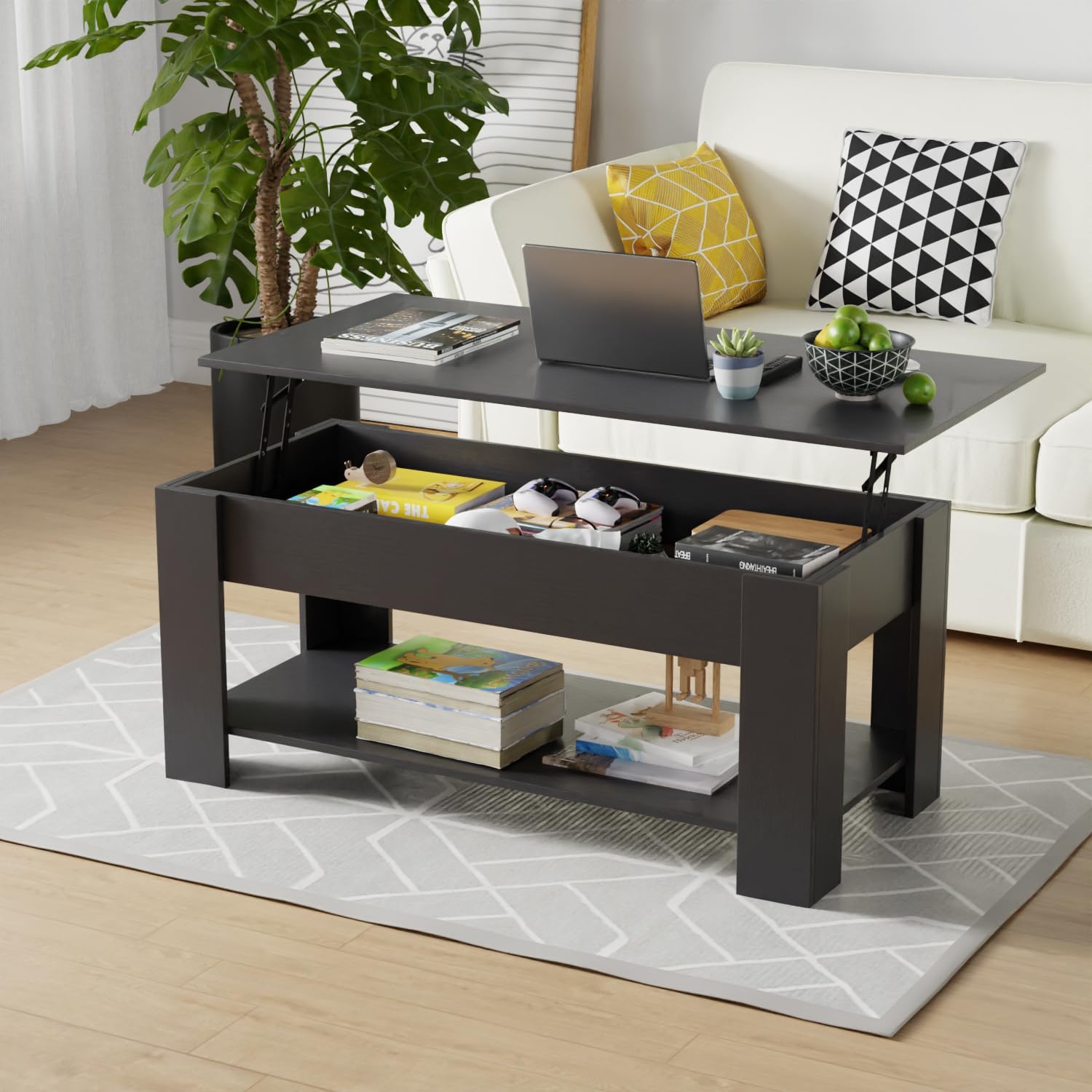 FDW 47" Lift Top Coffee Table with Hidden Large Storage Shelf and Compartment Lifted Wooden Dining Table for Living Room Home Office,Black