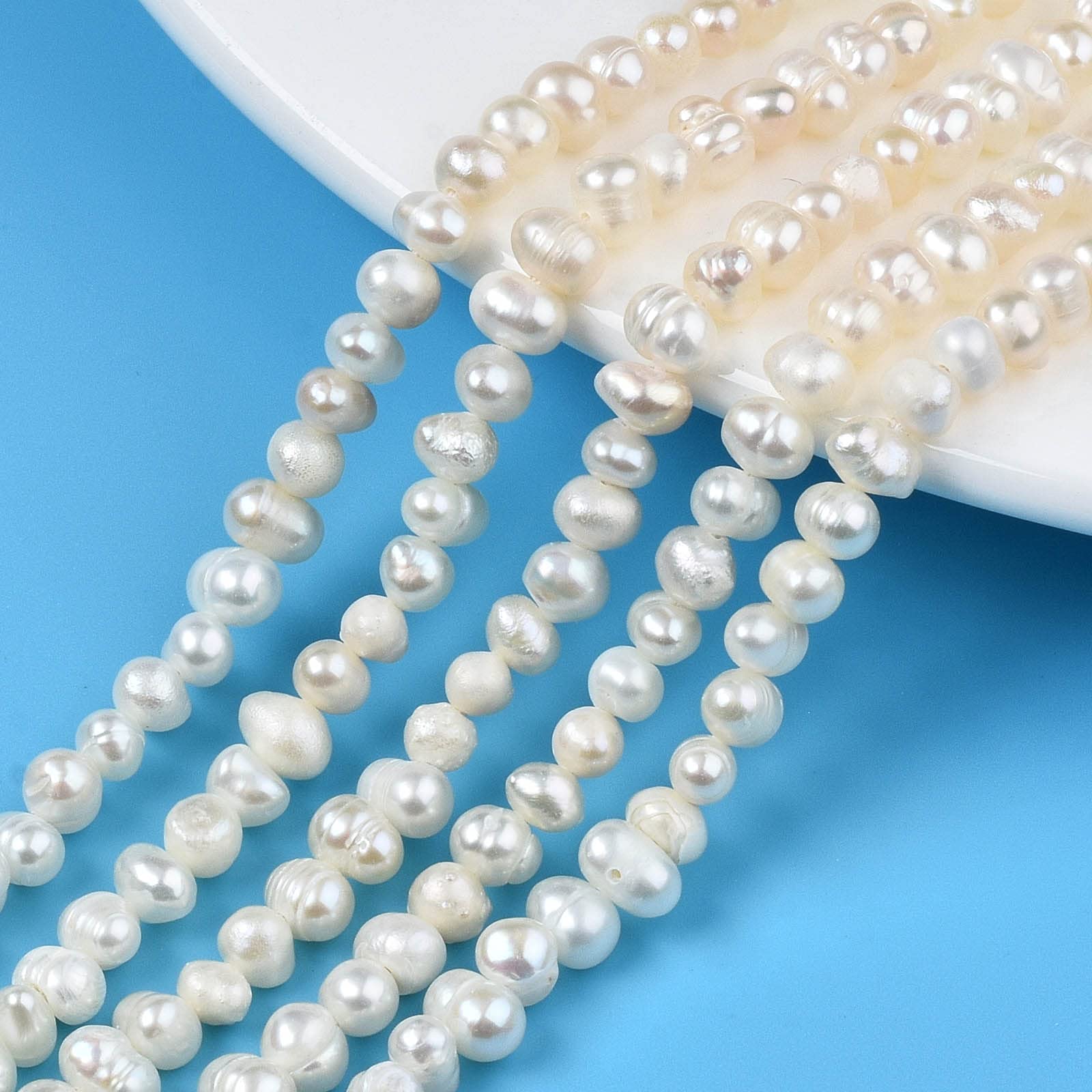 Fashewelry 2 Strands 4~5mm Natural Pearl Beads Potato Round White Cultured Freshwater Pearls About 80pcs/Strand for DIY Necklace Bracelet Earrings Jewellery Making - Image 2