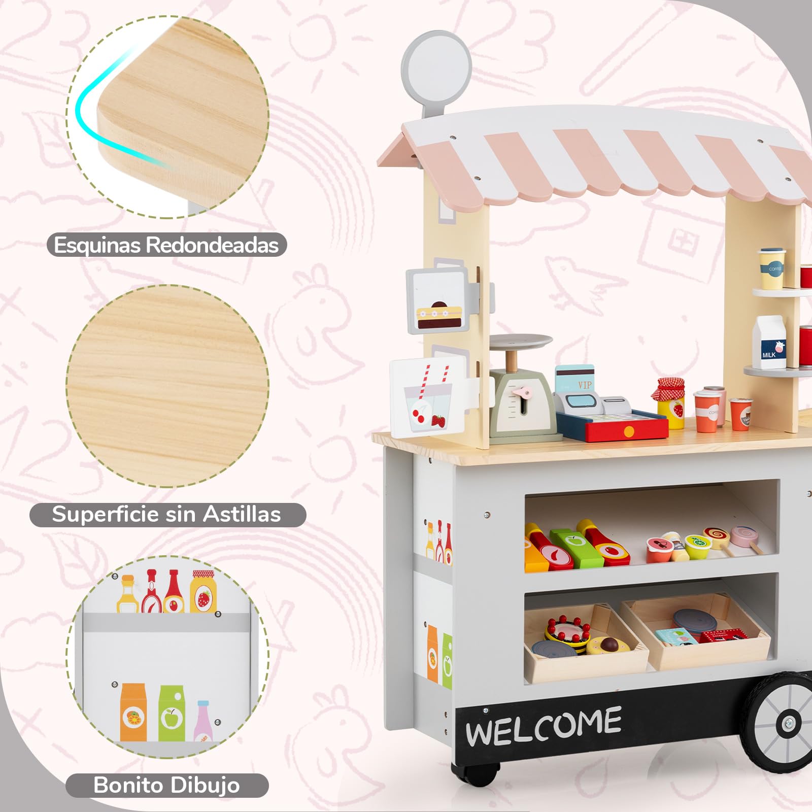 GOPLUS Carrito de Aperitivos para Niños con 30 Accesorios, Comerciante de Madera con Toldo, Carrito de Supermercado con Caja Registradora, Juego de Imitación Educativo para Niños de 3+ Años (Gris)