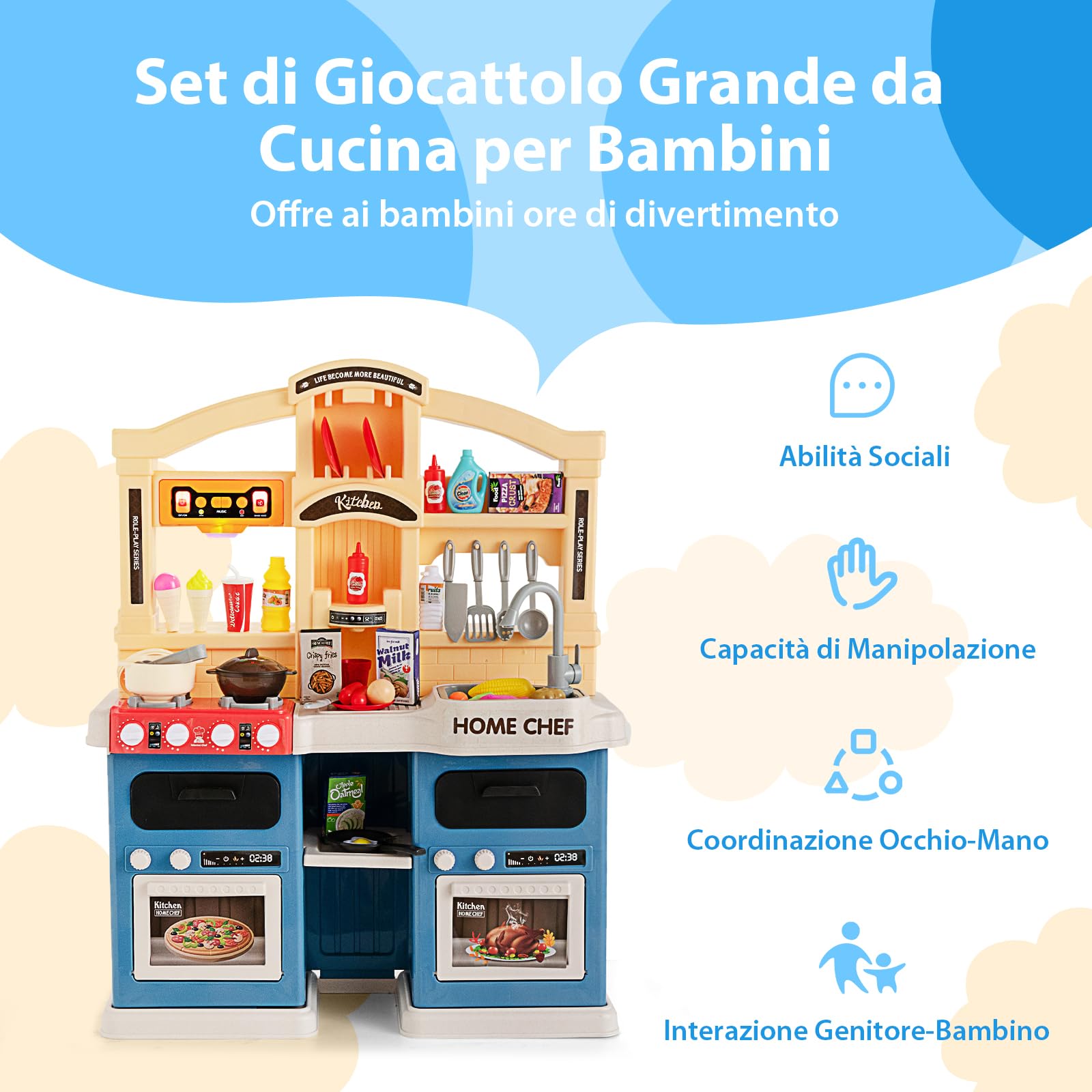 COSTWAY Cucina Giocattolo per Bambini, Cucina per Bambini con Forno, Microonde, Lavello e Rubinetto, Funzione Luci e Suoni, Vapore e Ebollizione, 69 Accessori, per 3+ Anni (Blu)