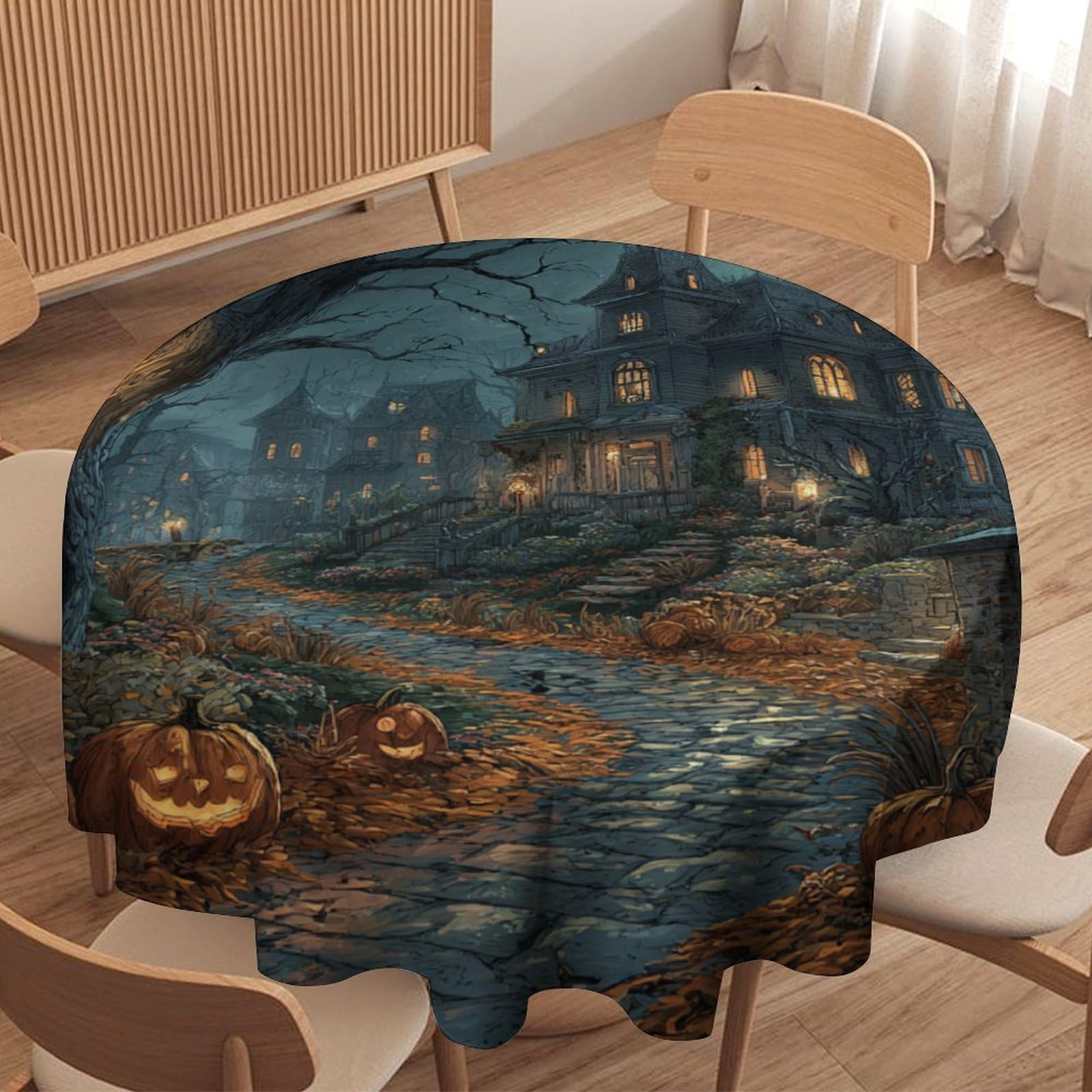 Luyysky Classic Abstract Scare Castle Round Tablecloth Rustic Gothic Halloween Full Moon Pumpkin Animals Bats Washable Decor For Table Cover For Kitchen-127 Wx127 L Cm