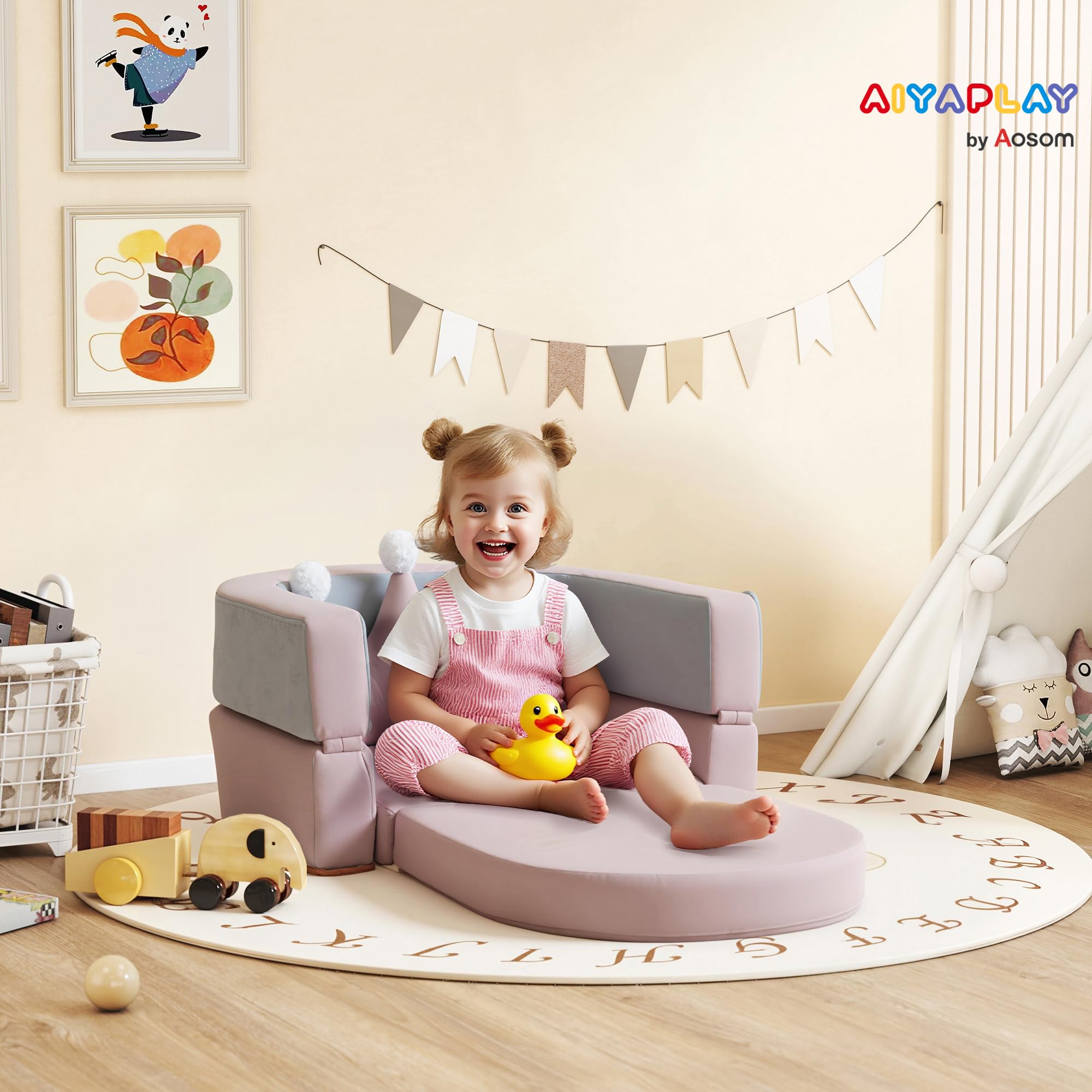 AIYAPLAY Sofá Infantil Convertible, Sofá para Niños con Cojín de Corona, Plegable en Cama y Zona de Juego, Tapizado de Terciopelo Suave, para Niños 18-36 Meses, Rosa y Azul Grisáceo
