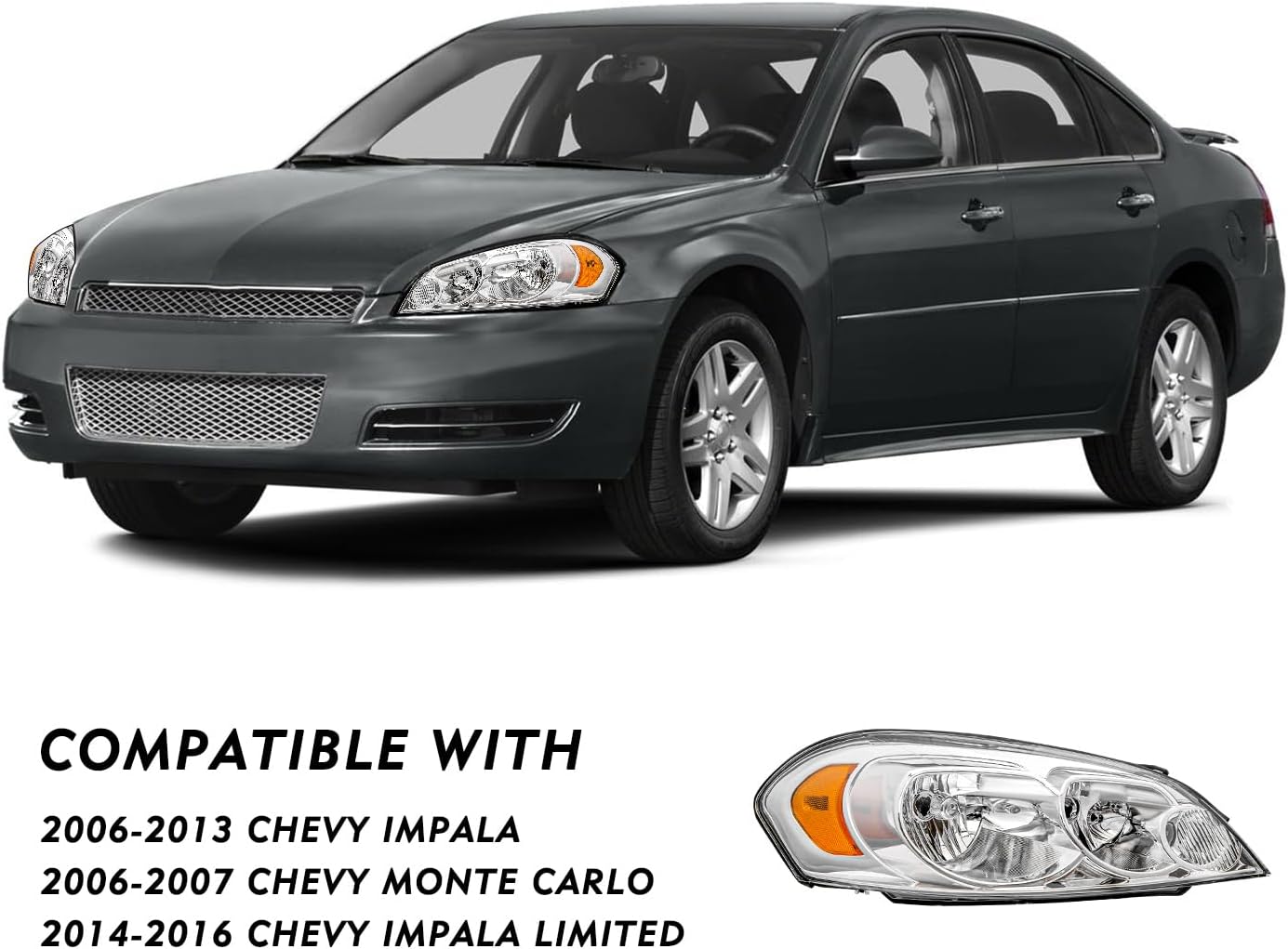 Fits For 2006-2013 Chevy Impala / 06 07 Chevy Monte Carlo / 14 15 16 Chevrolet Impala Limited Headlight Assembly OE Style Replacement Driver & Passenger Side Chrome Housing