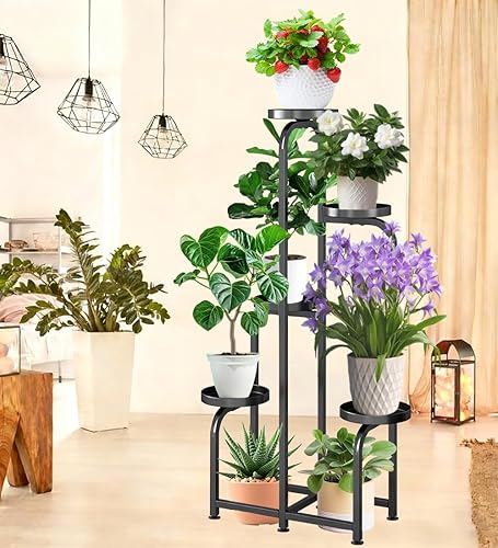 Miniatura 6 de Soporte para plantas para interiores y exteriores, 4 niveles y 5 macetas, estante alto de metal para flores, estantería resistente para múltiples