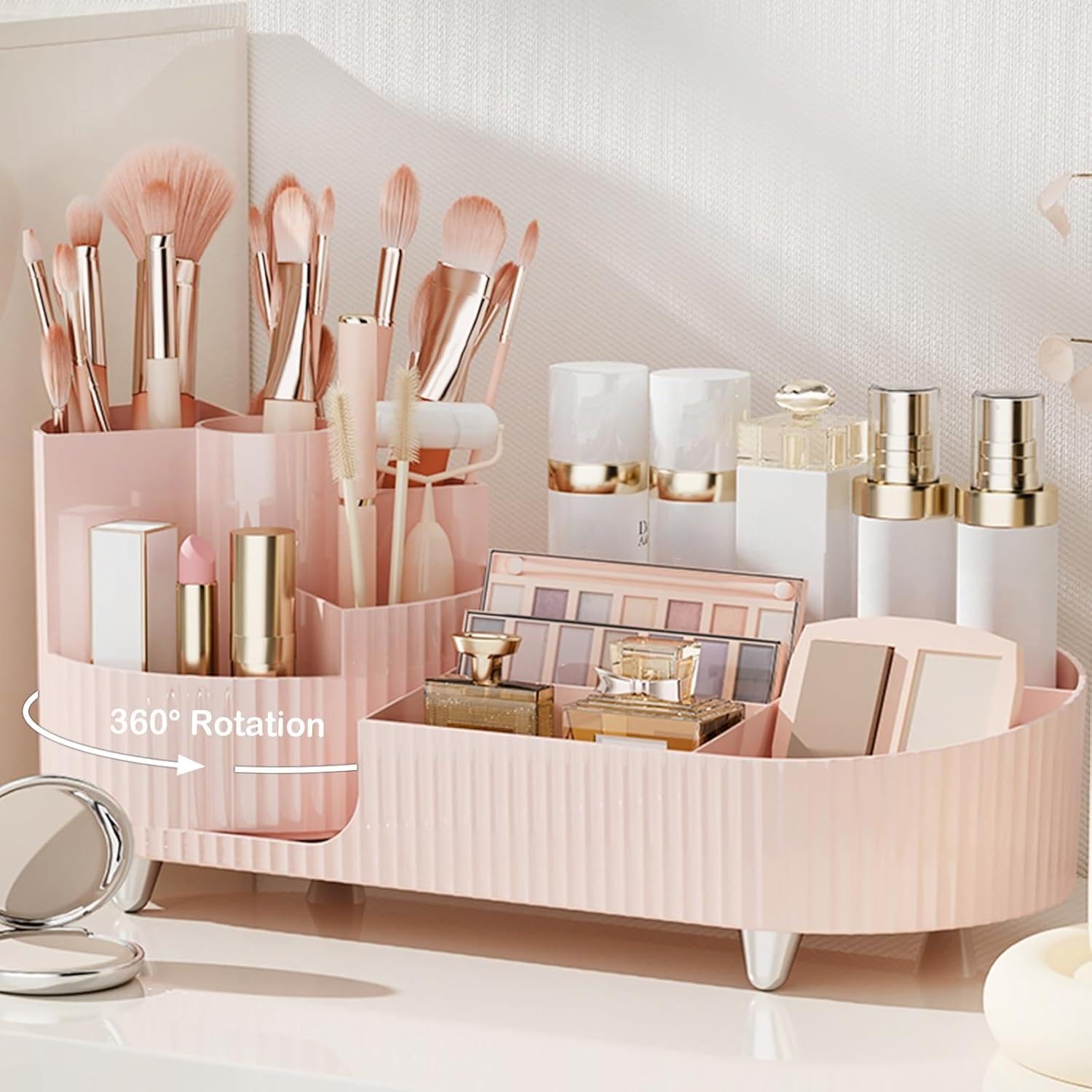 Organizer per trucchi girevole a 360° con porta pennelli, grande capacità, per cosmetici, piano di lavoro, camera da letto (rosa)
