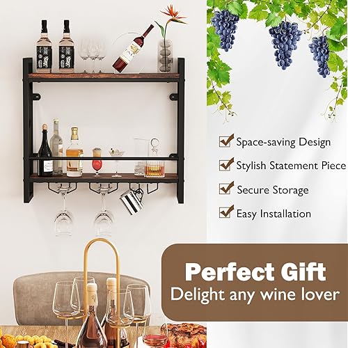 Miniatura 5 de Giantex Estante industrial para vino montado en la pared, estante de metal de 2 niveles para botellas de vino con 14 botellas y soportes para 12