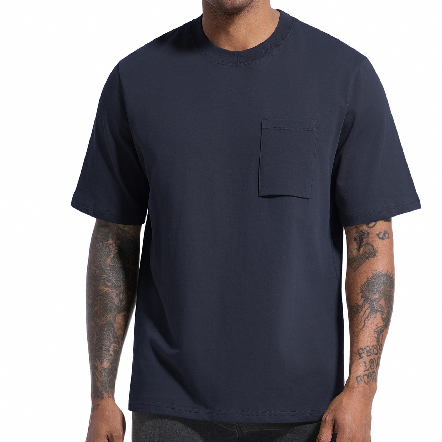 VEIISAR Herren 100% Baumwolle 250GSM Heavyweight Pocket T-Shirt – einfarbig, Rundhals, schweres T-Shirt für Männer