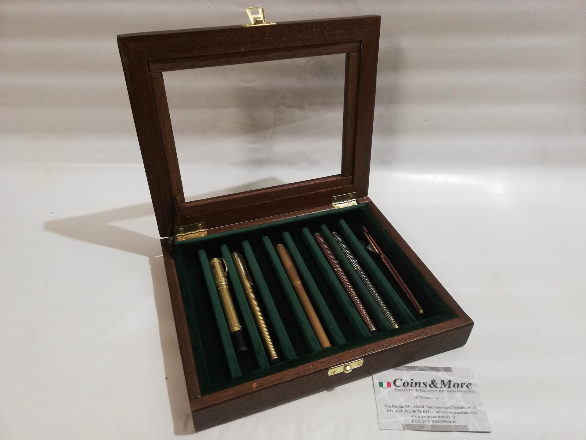 Vetrina Espositore in Legno per Penne Stilografiche con Interno in Velluto, Cofanetto Porta Penne da Collezione per 9 Stilografiche, Artigianale Made in Italy