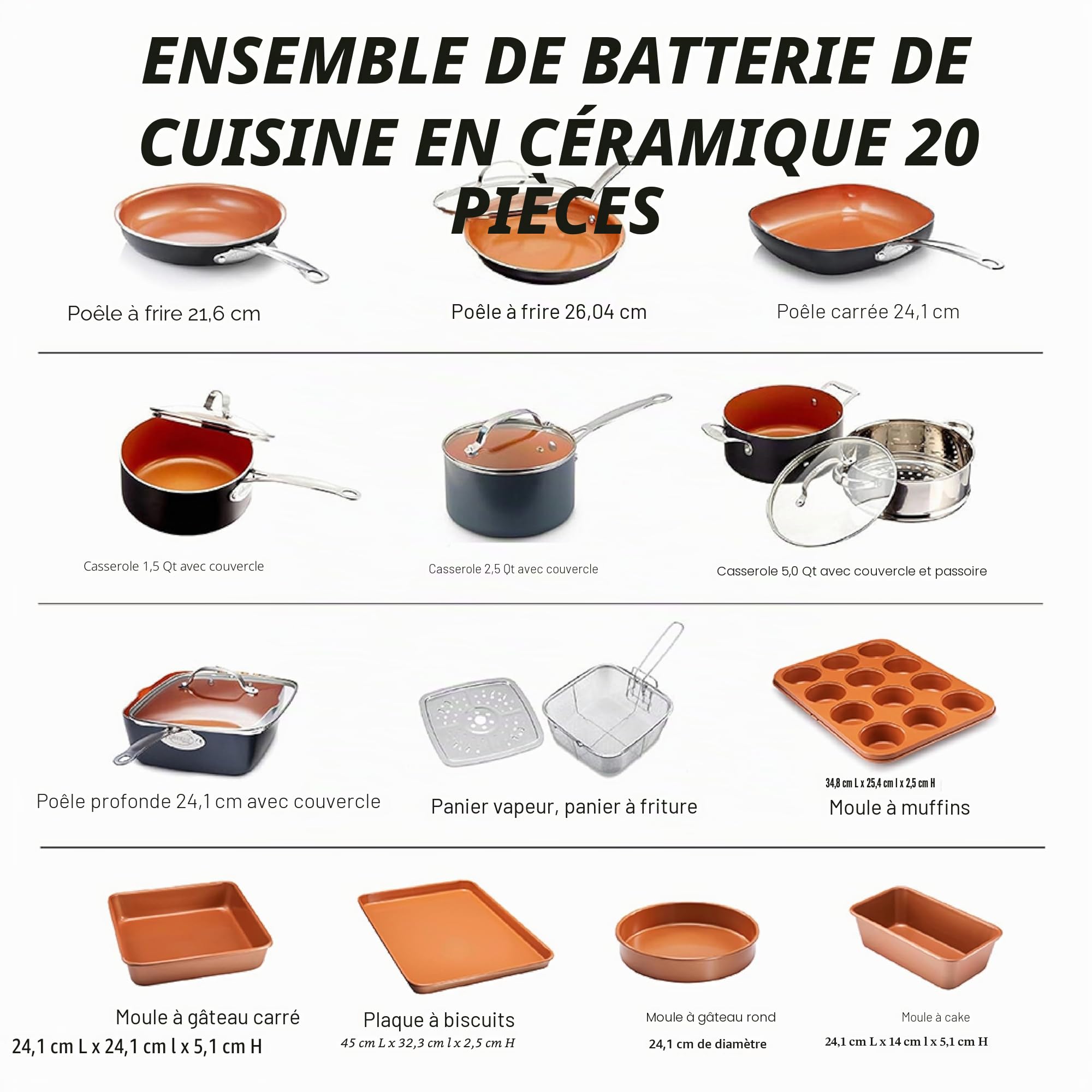 Ensemble de 20 casseroles et poêles Gotham Steel, Batterie de Cuisine complète et ustensiles de Cuisson | Revêtement céramique antiadhésif en cuivre : poêles à Frire