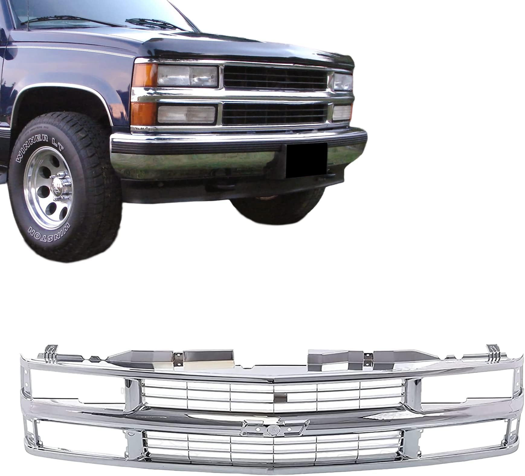CarPartsDepot Front Grille Chrome Frame With Insert Compatible With 1994-2000 Chevrolet Tahoe Blazer C/K 1500 2500 3500 w/Dual Headlight Hole