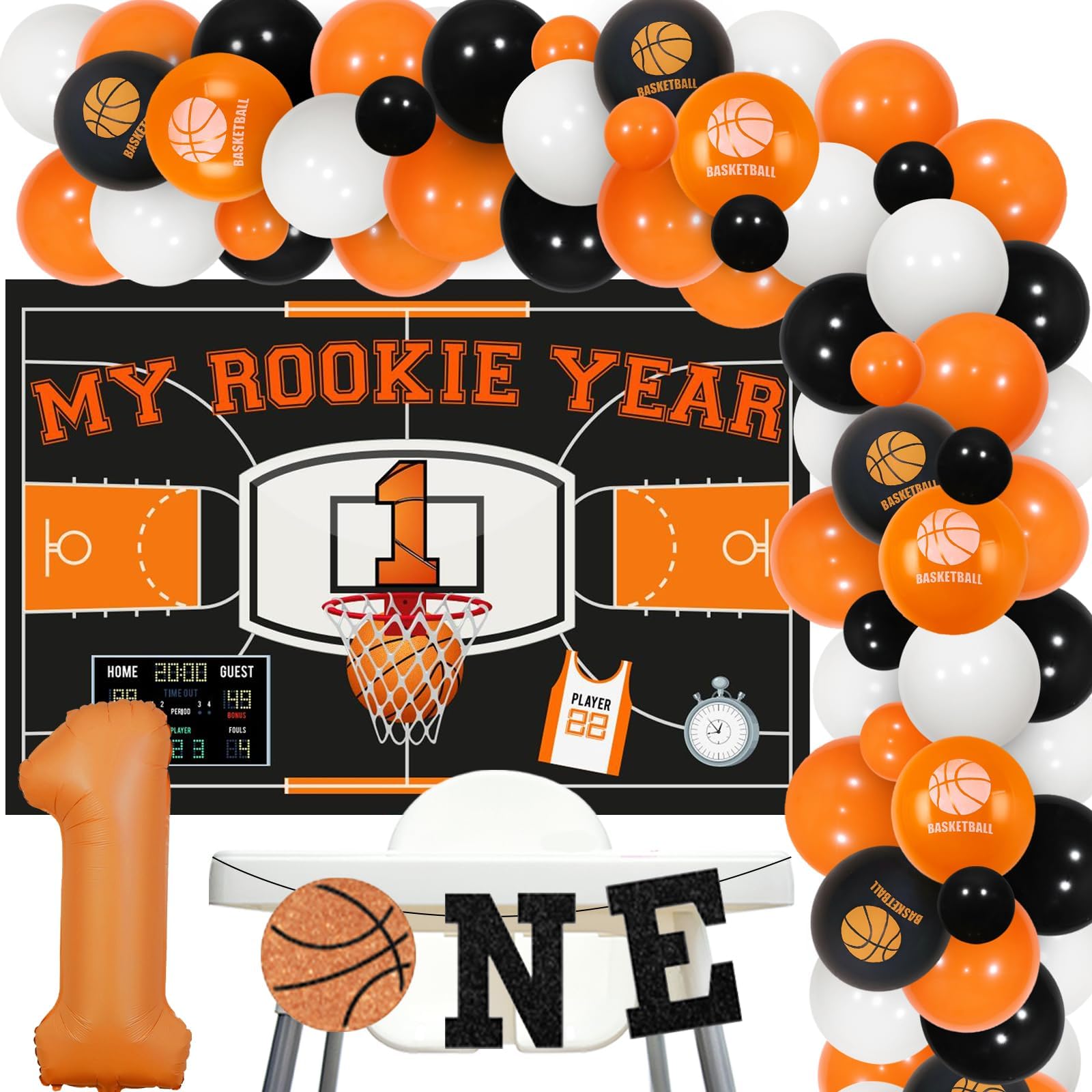 kreat4joyRookie Year 1st Birthday Decorations Basketball, Orange Black Basketball Balloon Arch Backdrop, One High Chair Banner Number 1 Foil Balloon for Boy Sports First Birthday