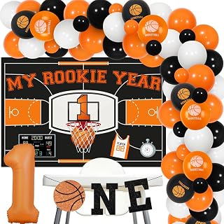 Rookie Year 1st Birthday Decorations Basketball, Orange Black Basketball Balloon Arch Backdrop, One High Chair Banner Number 1 Foil Balloon for Boy Sports First Birthday
