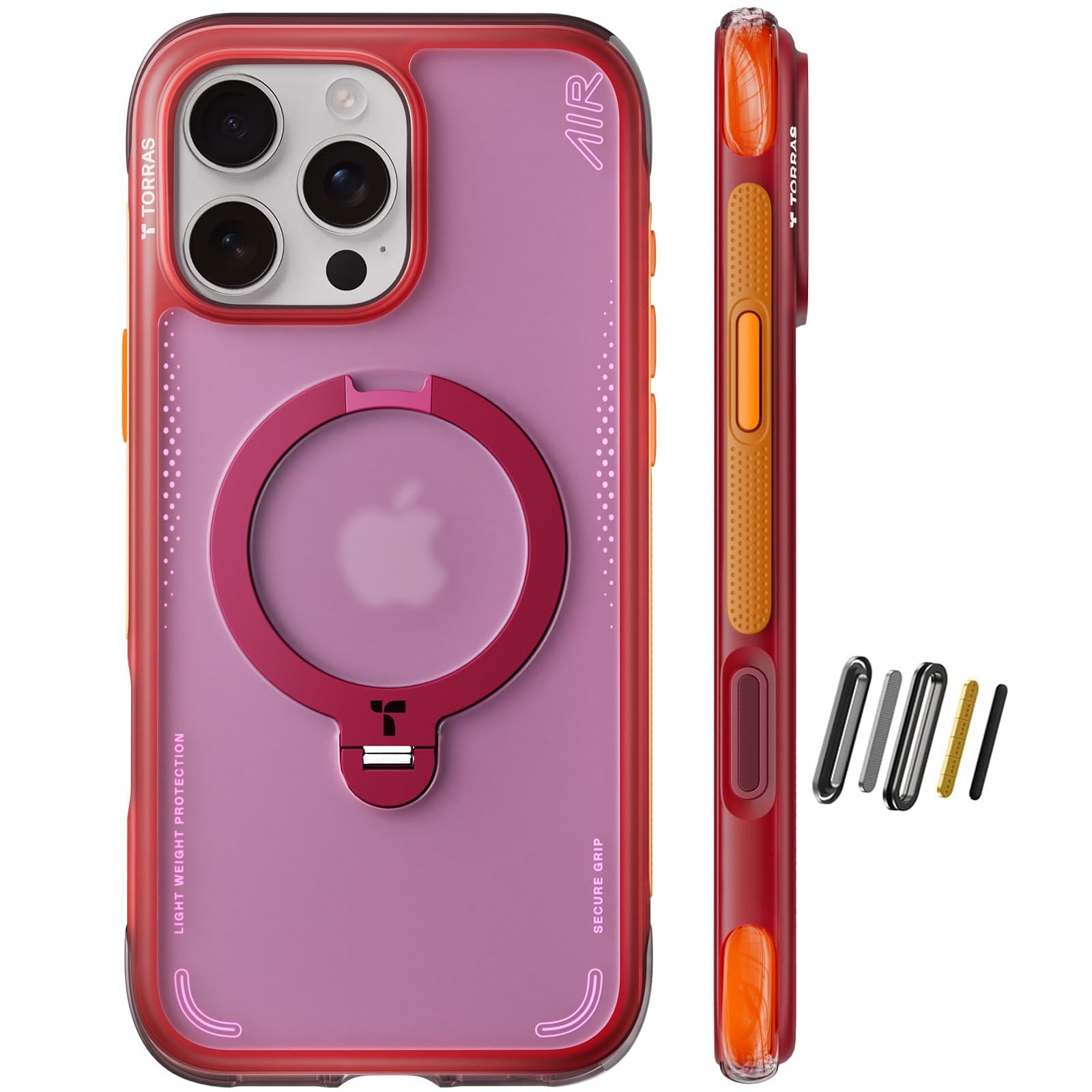 TORRAS Ostand Q3 Air für iPhone 16 Pro Max Hülle mit echtem Airbag (Top Militärschutz) (360° Magnetischer Robust Ständer) Matt Handyhülle mit Kamerasteuerung Taste Rot