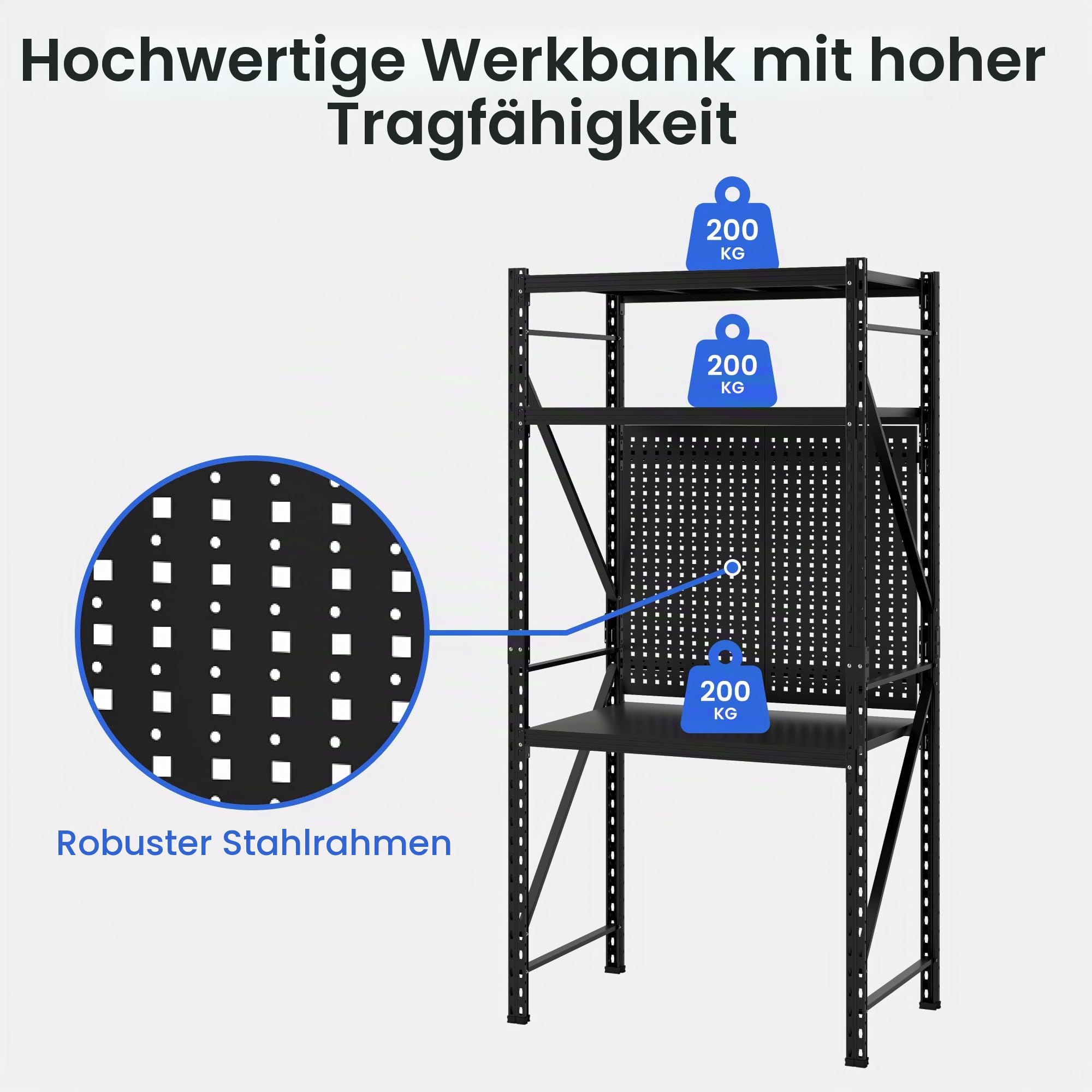 FlexiSpot Werkbank & Schreibtisch mit Regal und Lochwand – Stabiler Werkzeugtisch, bis 200 kg belastbar, vielseitig nutzbar in Werkstatt, Büro, Lager oder Zuhause (Schwarz)