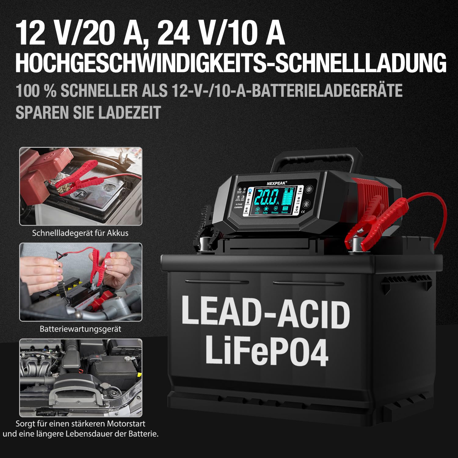 NEXPEAK LiFePO4 Cargador de batería de Coche de 1-20 A, 12 V, 24 V, con Corriente Ajustable, para Coche, camión, cortacésped, Barco