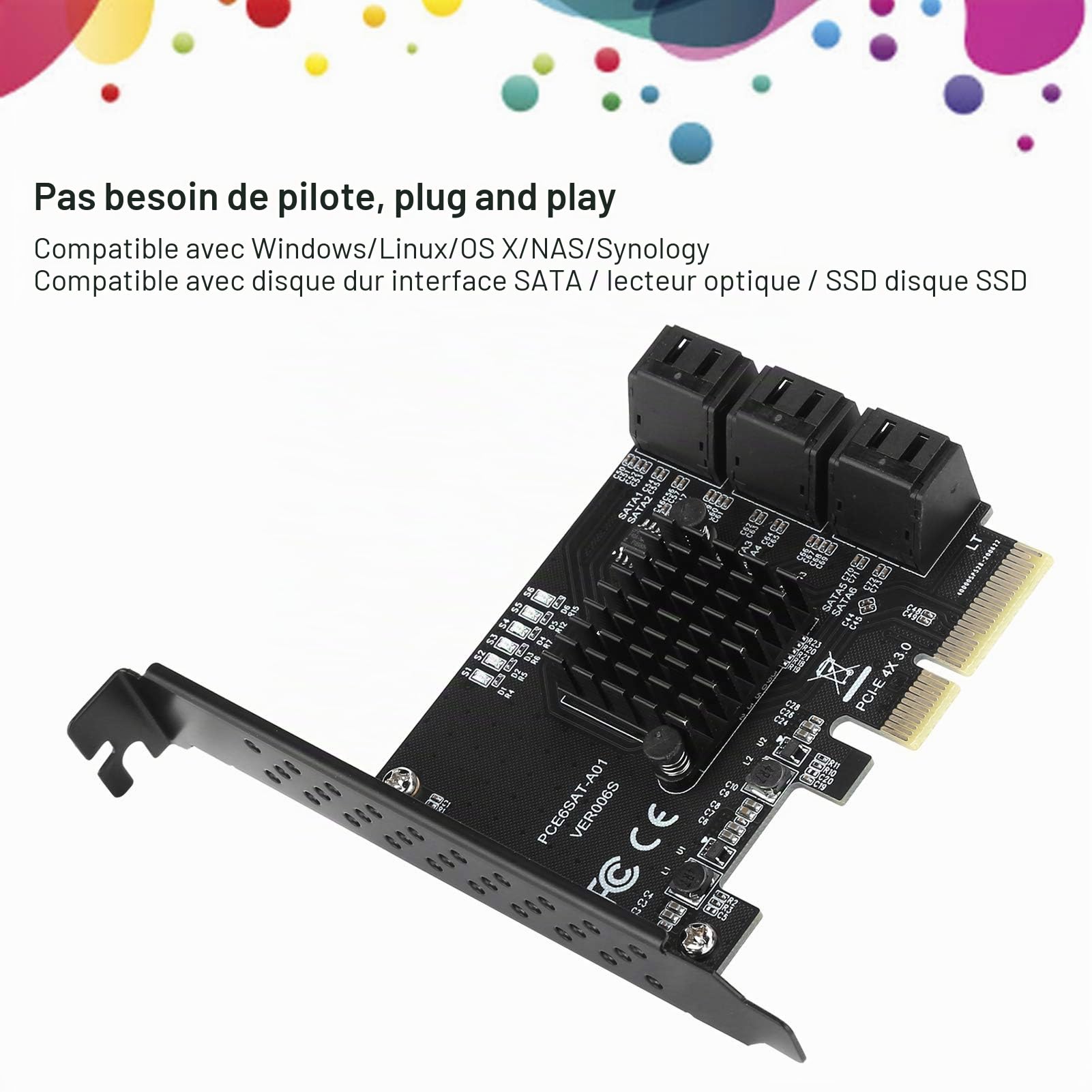 Carte d’Extension PCIe Vers 6 Ports SATA 3.0 6G, Contrôleur ASM1166 PCI-E 3.0 GEN3 4X, Adaptateur Concentrateur SATA Facile à Ranger