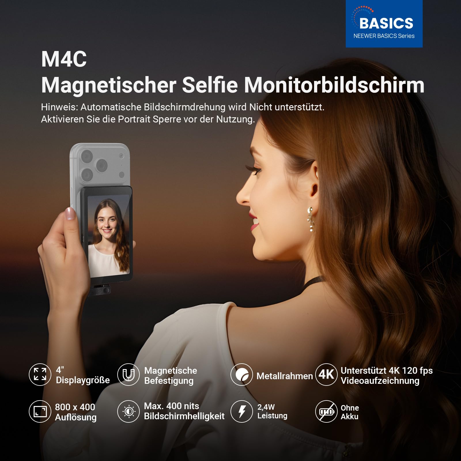 NEEWER 4" Monitor für Smartphone Vlogs und Selfies, Smartphone Rückkamera Monitor mit Fernbedienung für YouTube und TikTok Videostreaming