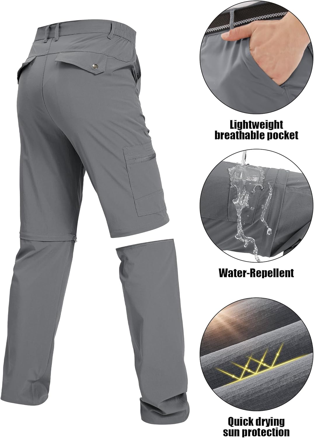 Mens Convertible Hiking-Pants, Quick-Dry Waterproof Lightweight Pants for Outdoor, Zip-Off Pants with 7 Pocket - Image 2