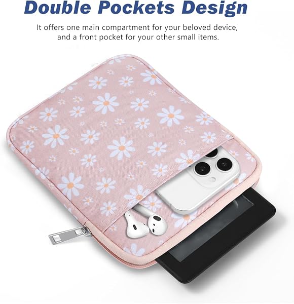 Dadanism 6-7 Inch Universal Padded Sleeve for 7" Colorsoft Signature Edition eReader 2024 and 6" eReader Book, Protective Sleeve Pouch Bag Carrying Case for Kobo E-Reader, Pink & White Daisy - 4